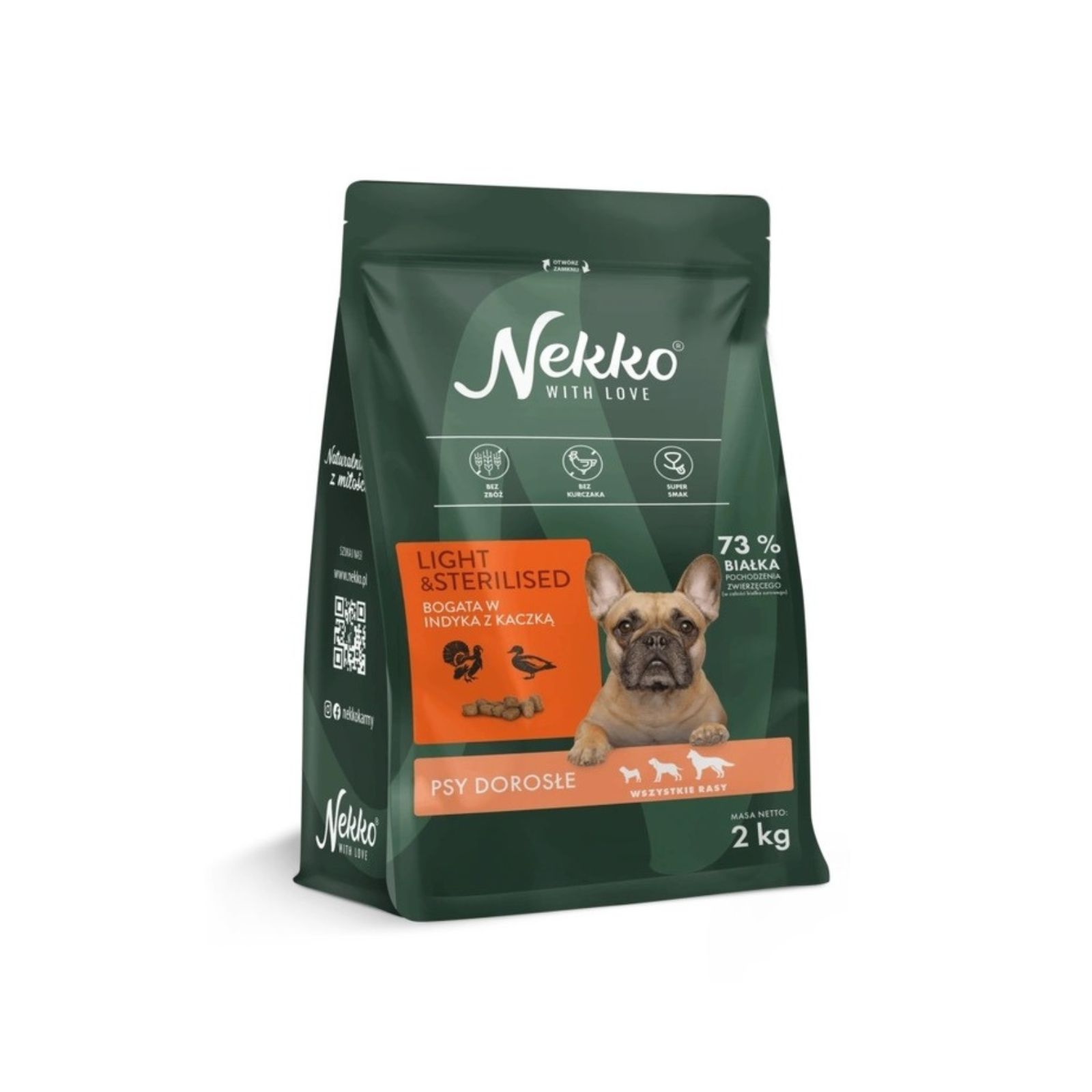 NEKKO Light&Sterilised Bezzbożowa karma sucha indyk z kaczką dla psów dorosłych wszystkich ras 2kg + żwacze wołowe GRATIS!