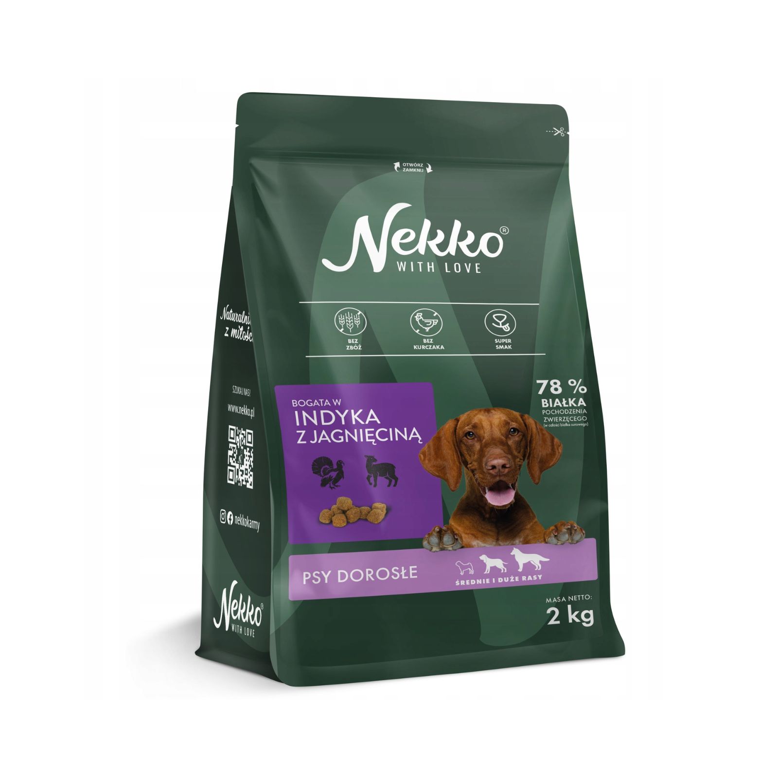 NEKKO Bezzbożowa karma sucha indyk z jagnięciną dla psów dorosłych średnich i dużych ras 2kg + żwacze wołowe GRATIS!
