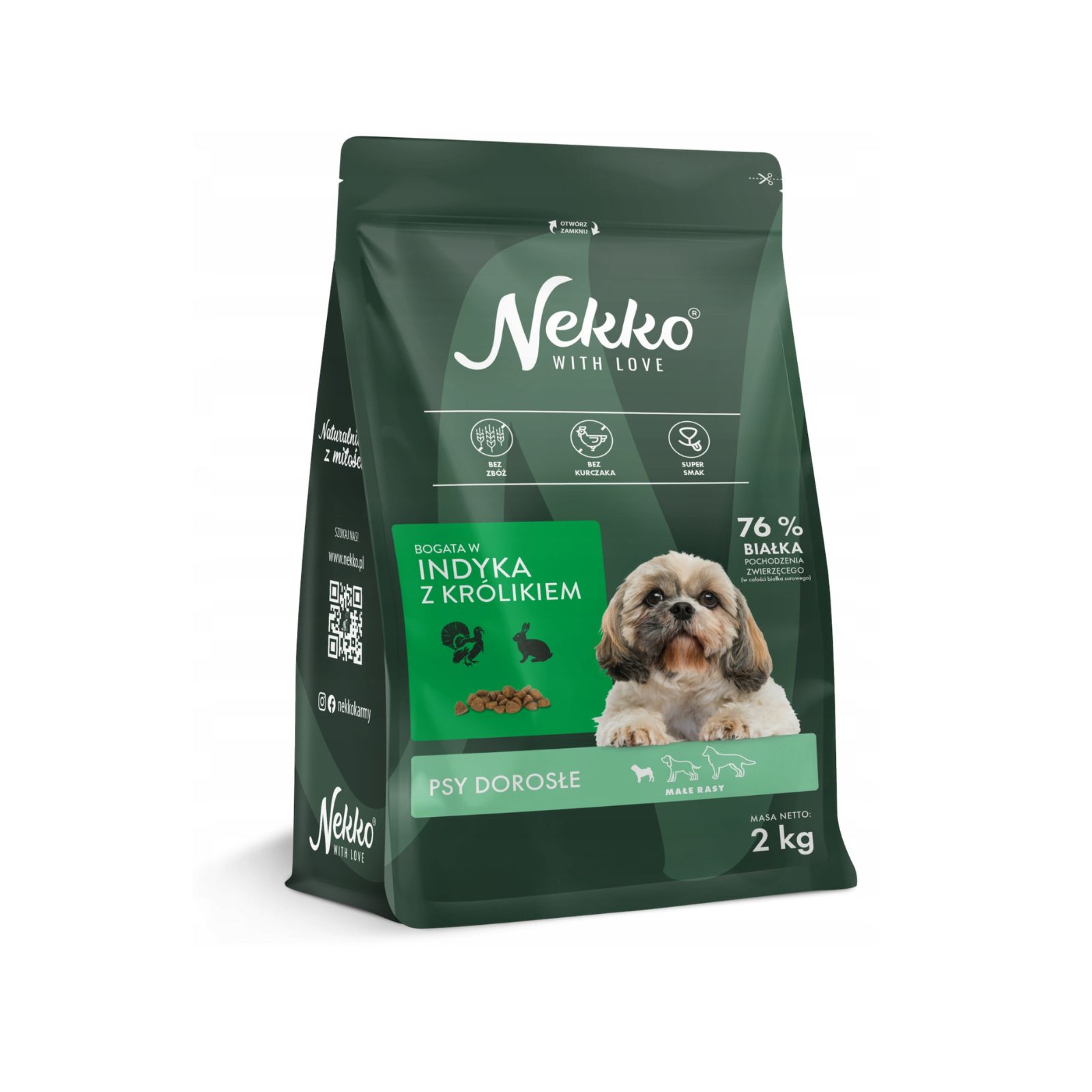 NEKKO Bezzbożowa karma sucha indyk z królikiem dla psów dorosłych małych ras 2kg + żwacze wołowe GRATIS!