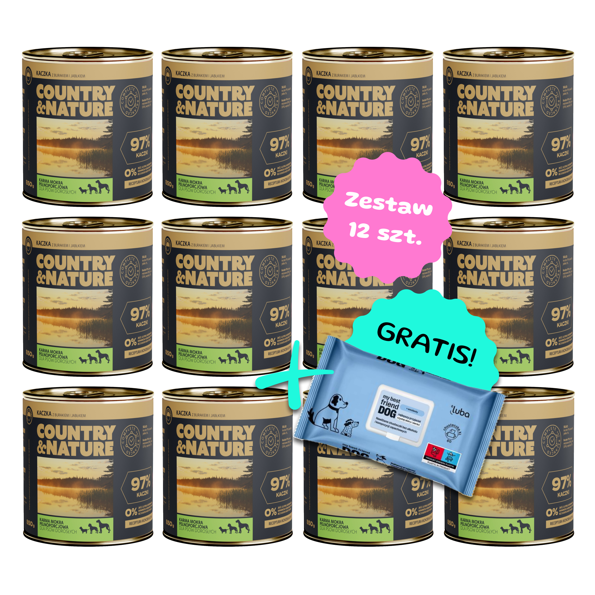 Zestaw 12 szt. puszek karmy mokrej - COUNTRY&NATURE kaczka z jabłkiem i burakiem - 12 szt. puszka 850g + Chusteczki GRATIS!