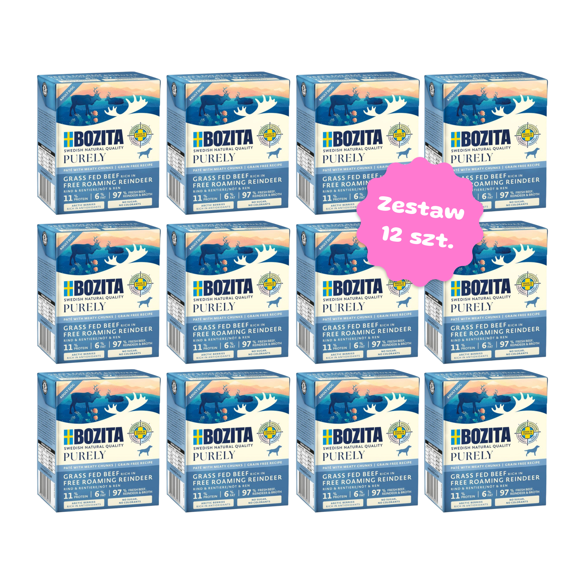Zestaw 12 szt. kartoników karmy mokrej - BOZITA Purely Paté pasztecik dla psa z wołowiną i reniferem - 12 szt. kartonik 370g