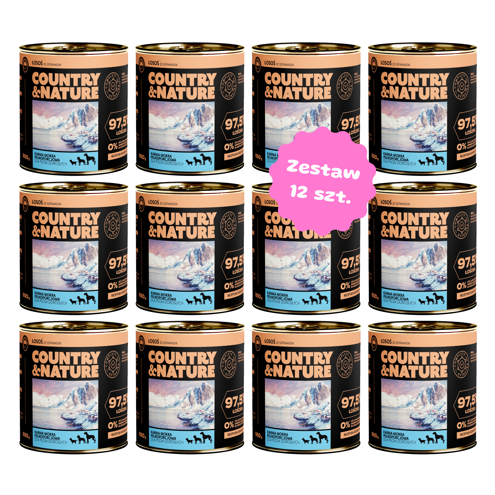 Zestaw 12 szt. puszek karmy mokrej - COUNTRY&NATURE łosoś ze szpinakiem - 12 szt. puszka 850g