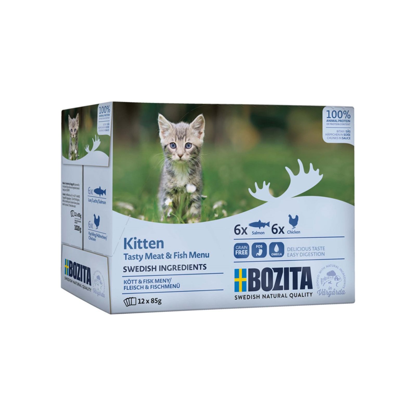 BOZITA Kitten Zestaw 12 saszetek: mięsne i rybne kawałki w sosie dla kociąt 12x85g saszetka + drugie opakowanie 12x85g GRATIS!