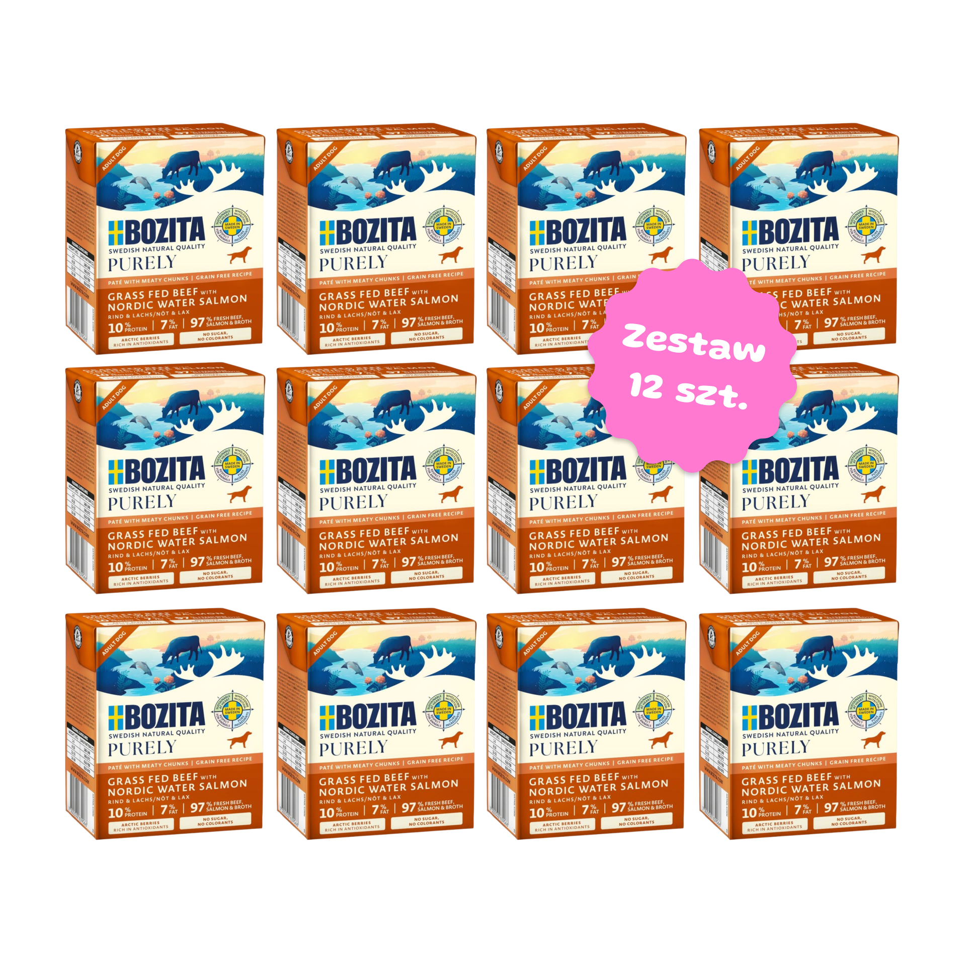 Zestaw 12 szt. kartoników karmy mokrej - BOZITA Purely Paté pasztecik dla psa z wołowiną i łososiem - 12 szt. kartonik 370g