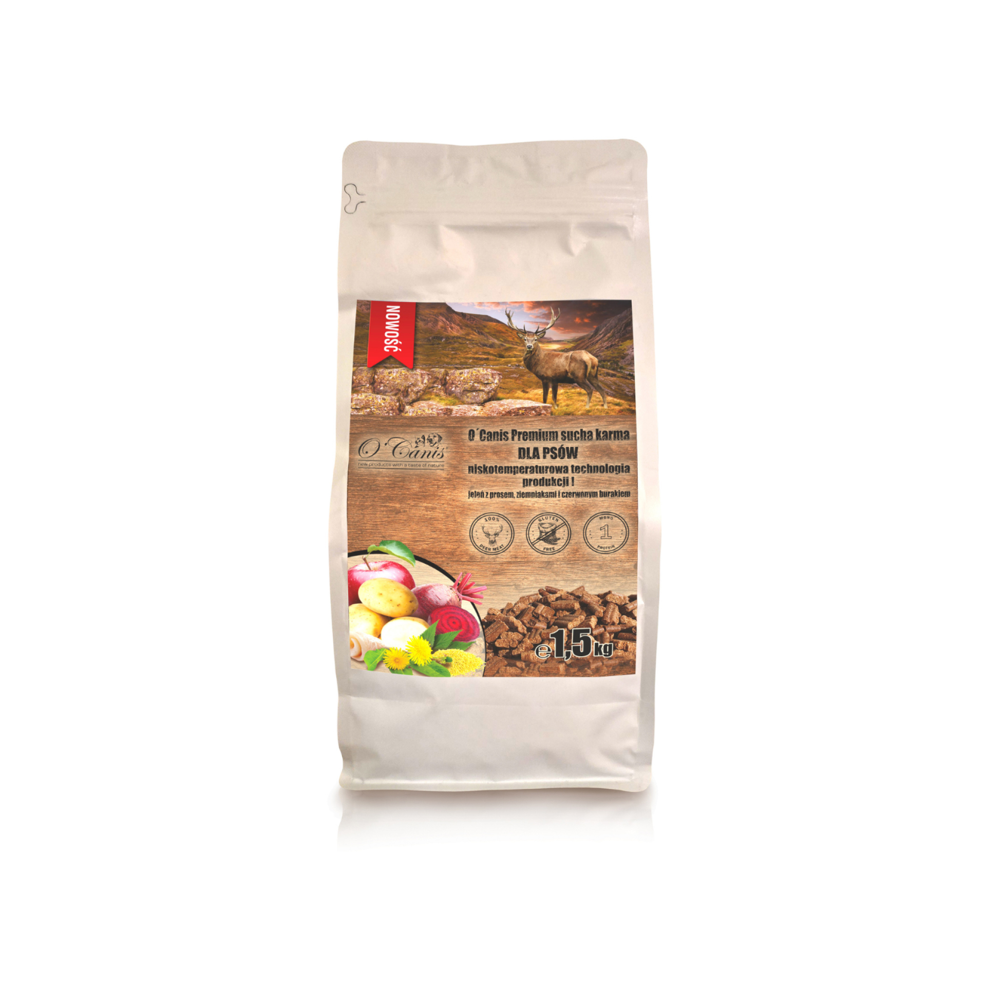 NOWOŚĆ: O'Canis sucha karma premium dla psa z jeleniem, prosem, czerwonym burakiem i jabłkiem 1,5kg - alternatywa dla karm pieczonych