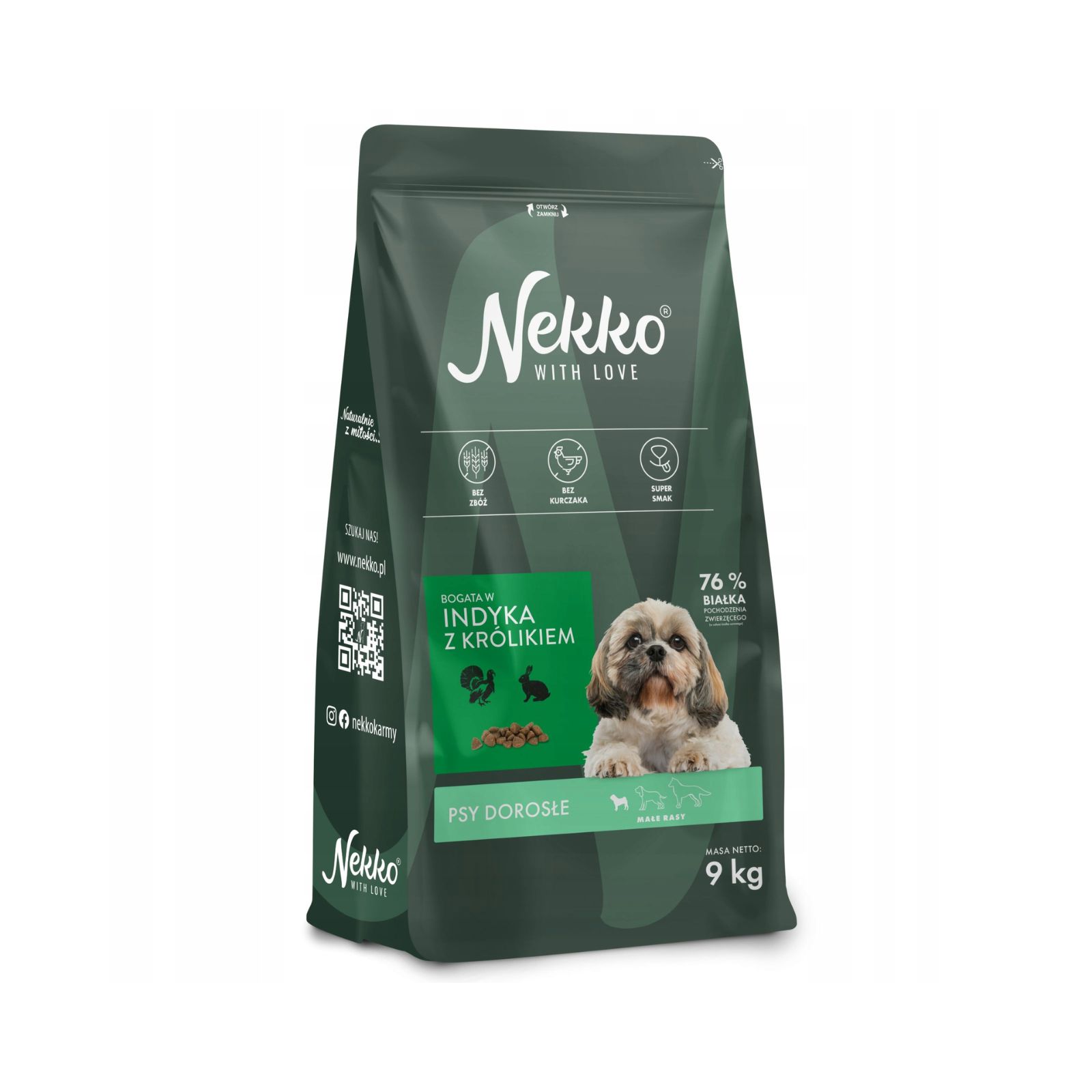 NEKKO Bezzbożowa karma sucha indyk z królikiem dla psów dorosłych małych ras 9kg + 2kg GRATIS!