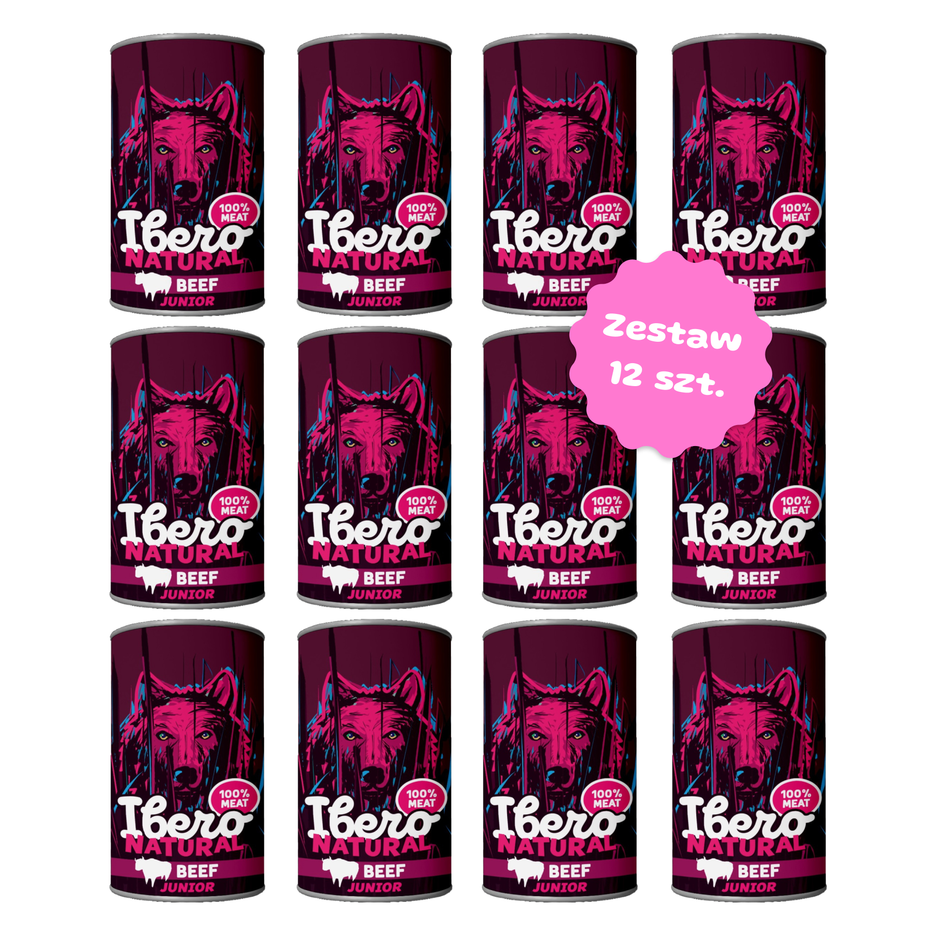 Zestaw 12 szt. puszek karmy mokrej monoproteinowej - Ibero Natural Junior z wołowiną - 12 szt. 400g