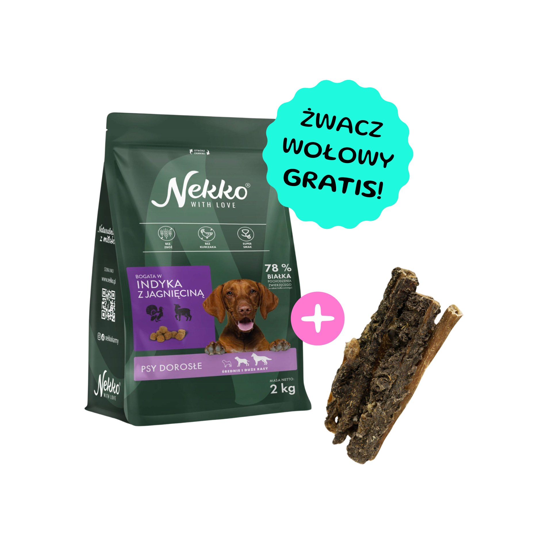 NEKKO Bezzbożowa karma sucha indyk z jagnięciną dla psów dorosłych średnich i dużych ras 2kg + żwacze wołowe GRATIS!