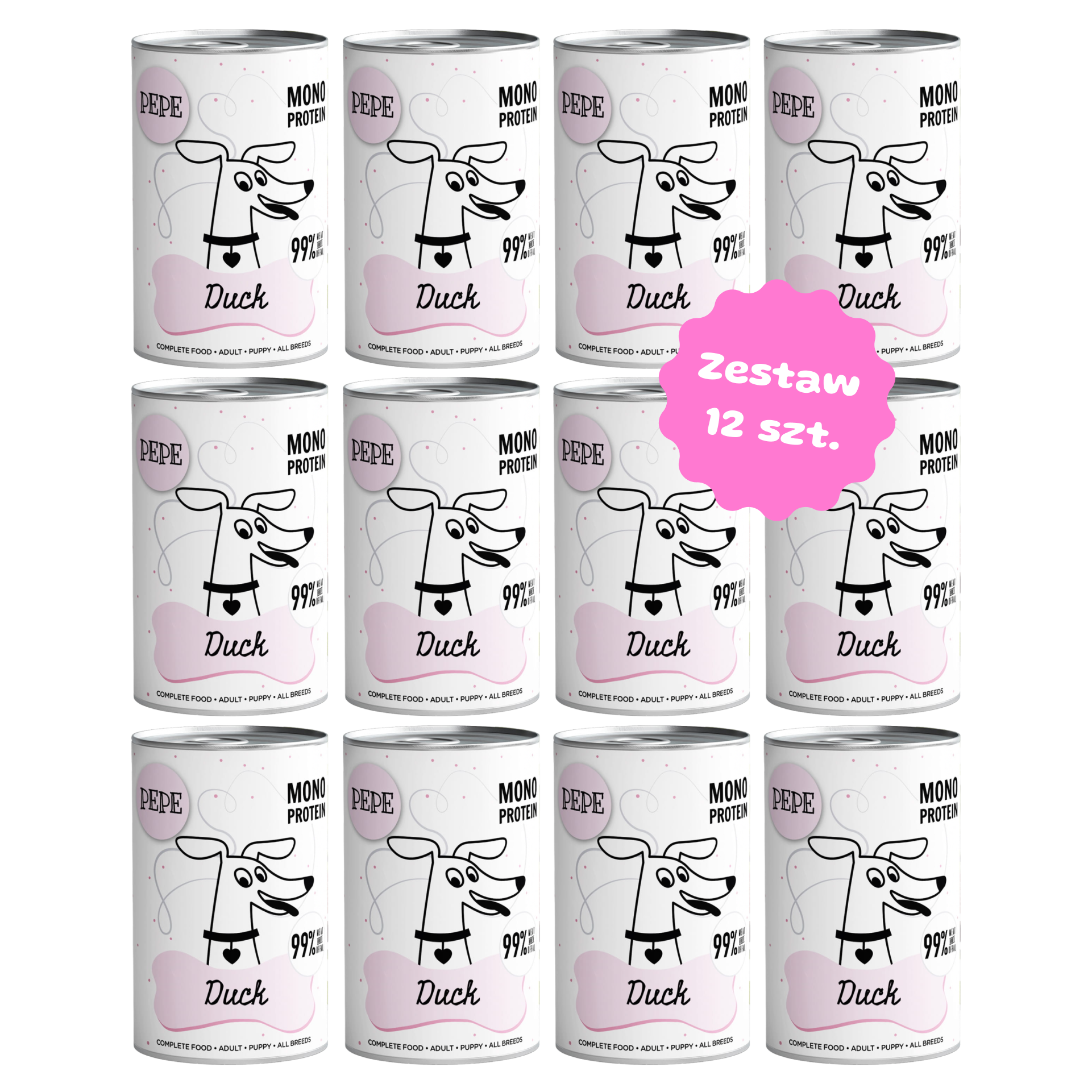 Zestaw 12 szt. puszek karmy mokrej monobiałkowej - PAKA ZWIERZAKA PEPE MONO PROTEIN kaczka - 12 szt. puszka 400g