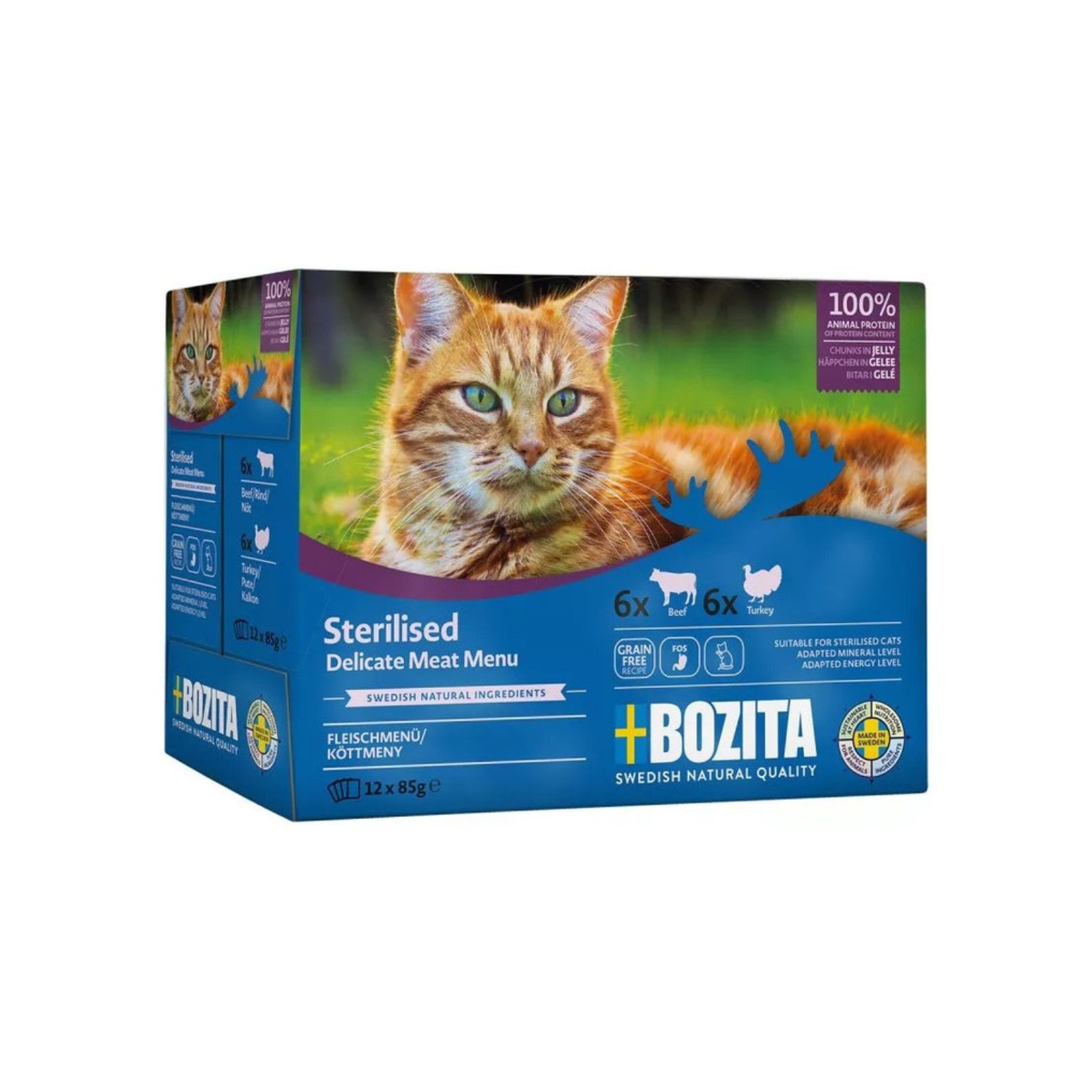 BOZITA Sterilised Zestaw 12 saszetek: mięsne kawałki w galaretce dla kotów po sterylizacji 12x85g saszetka + drugie opakowanie 12x85g GRATIS!