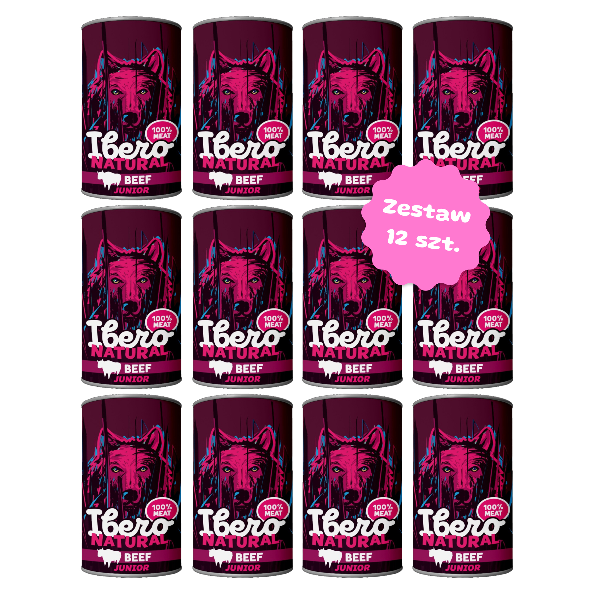 Zestaw 12 szt. puszek karmy mokrej monoproteinowej - Ibero Natural Junior z wołowiną - 12 szt. 1200g