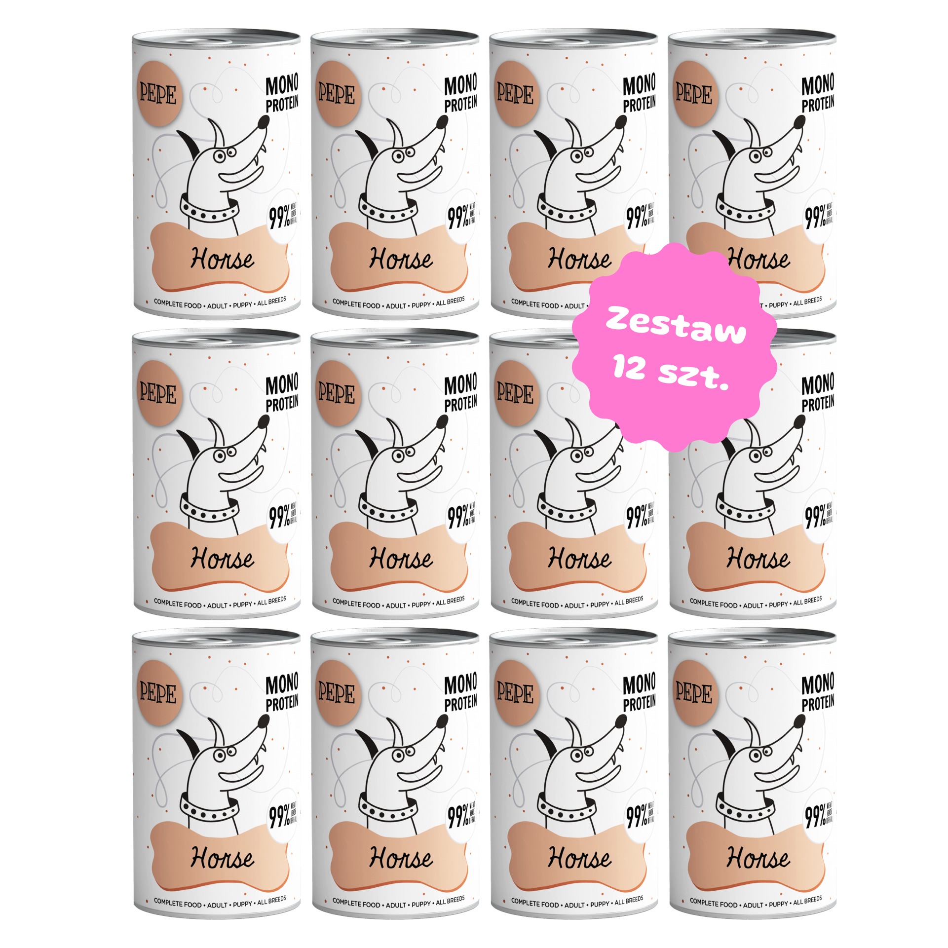 Zestaw 12 szt. puszek karmy mokrej monobiałkowej - PAKA ZWIERZAKA PEPE MONO PROTEIN konina - 12 szt. puszka 400g