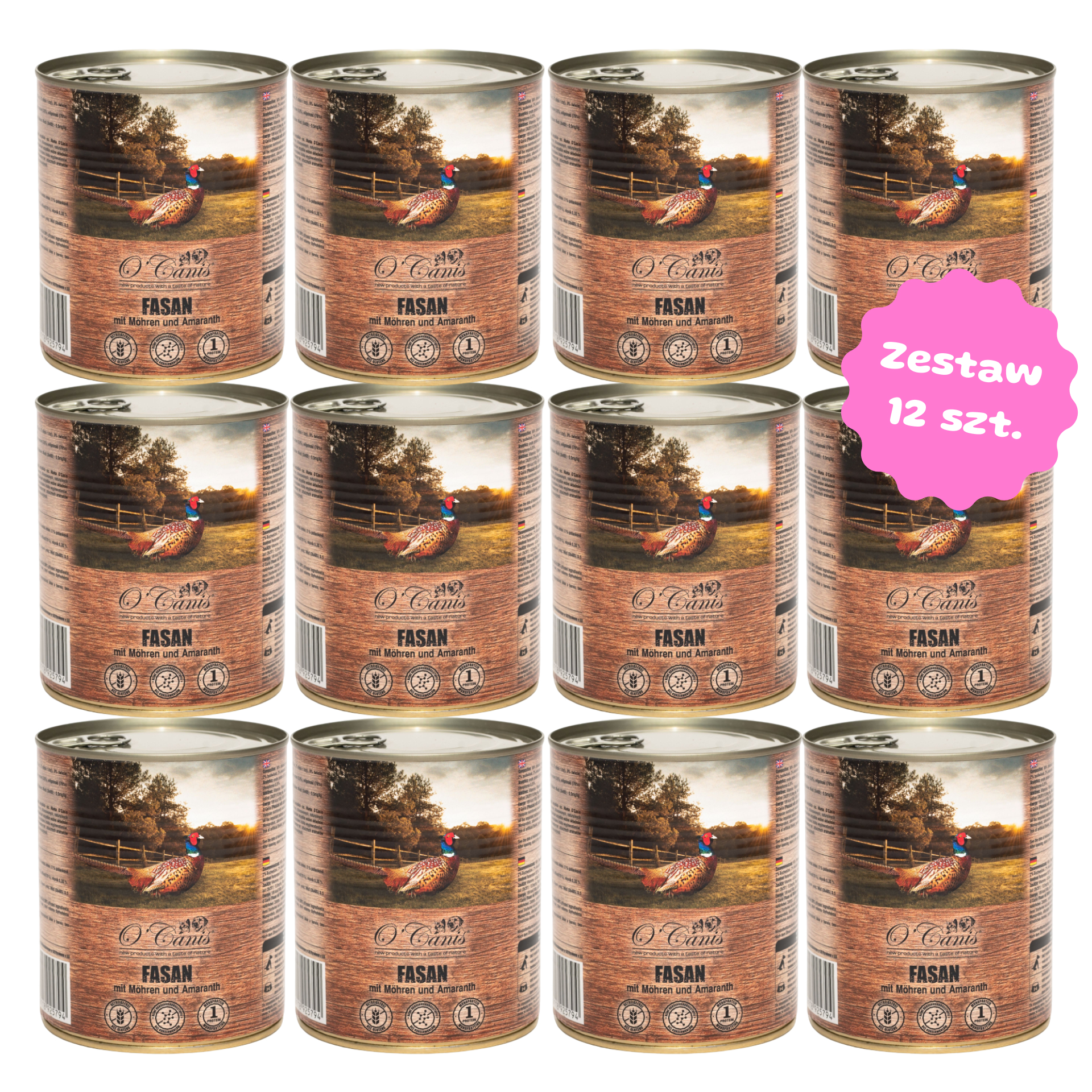Zestaw 12 szt. puszek karmy mokrej monobiałkowej - O'Canis bażant z marchewką - 12 szt. puszka 800g
