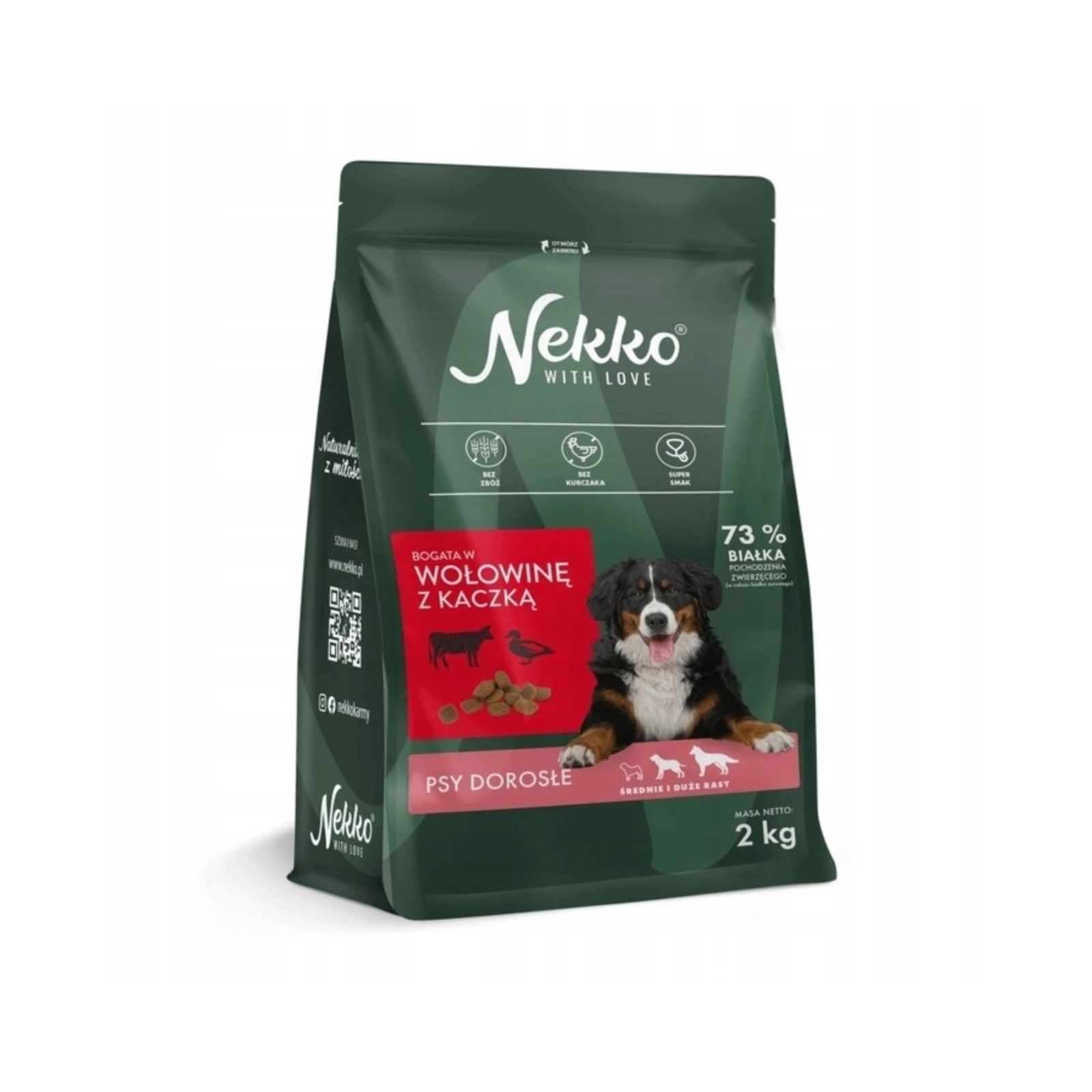 NEKKO Bezzbożowa karma sucha wołowina z kaczką dla psów dorosłych średnich i dużych ras 2kg + żwacze wołowe GRATIS!