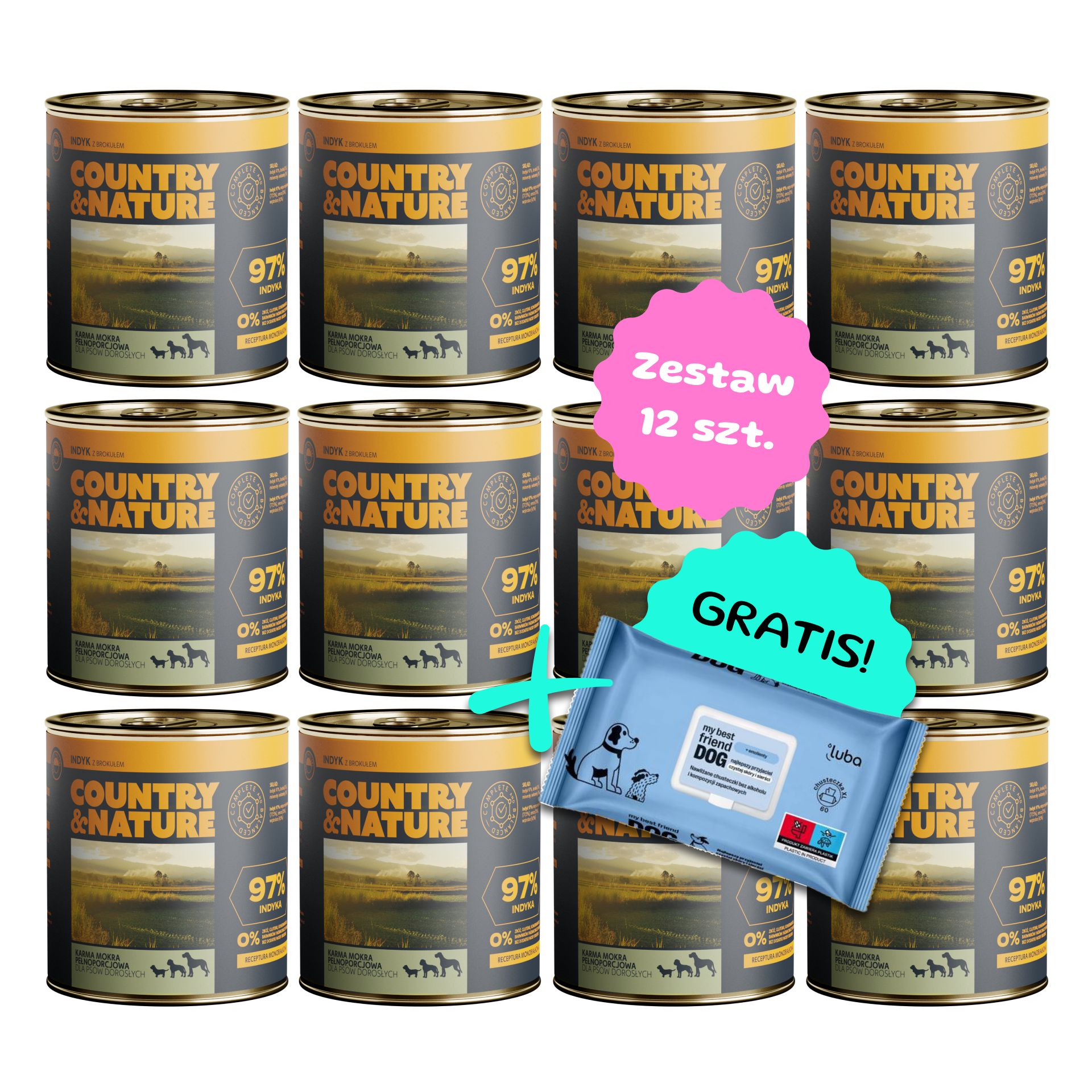 Zestaw 12 szt. puszek karmy mokrej - COUNTRY&NATURE Bezzbożowy indyk z brokułem - 12 szt. puszka 850g + Chusteczki GRATIS!
