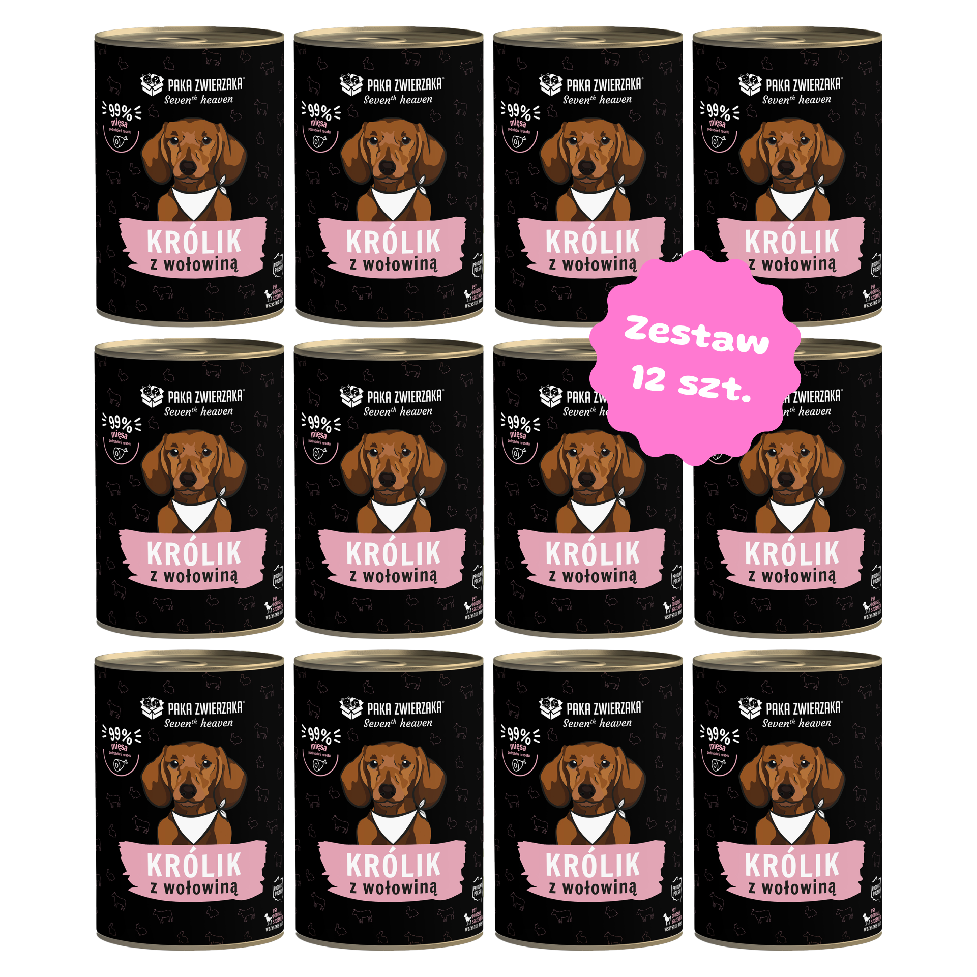 Zestaw 12 szt. puszek karmy mokrej - PAKA ZWIERZAKA SUPERPREMIUM królik i wołowina - 12 szt. puszka 400g
