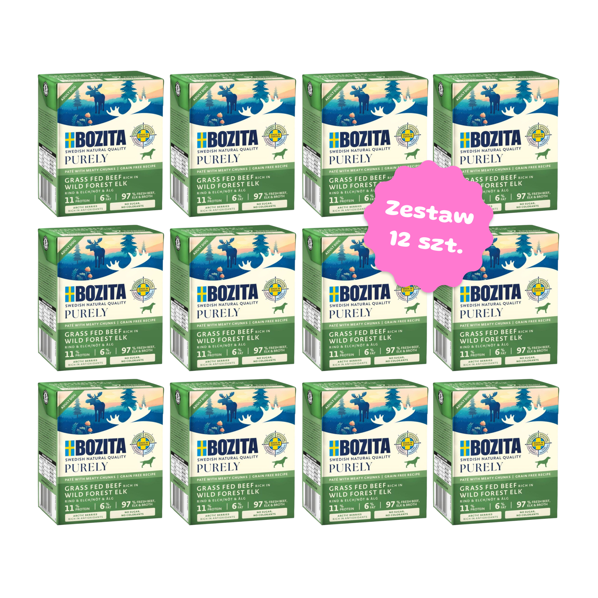 Zestaw 12 szt. kartoników karmy mokrej - BOZITA Purely Paté pasztecik dla psa z wołowiną i łosiem - 12 szt. kartonik 370g