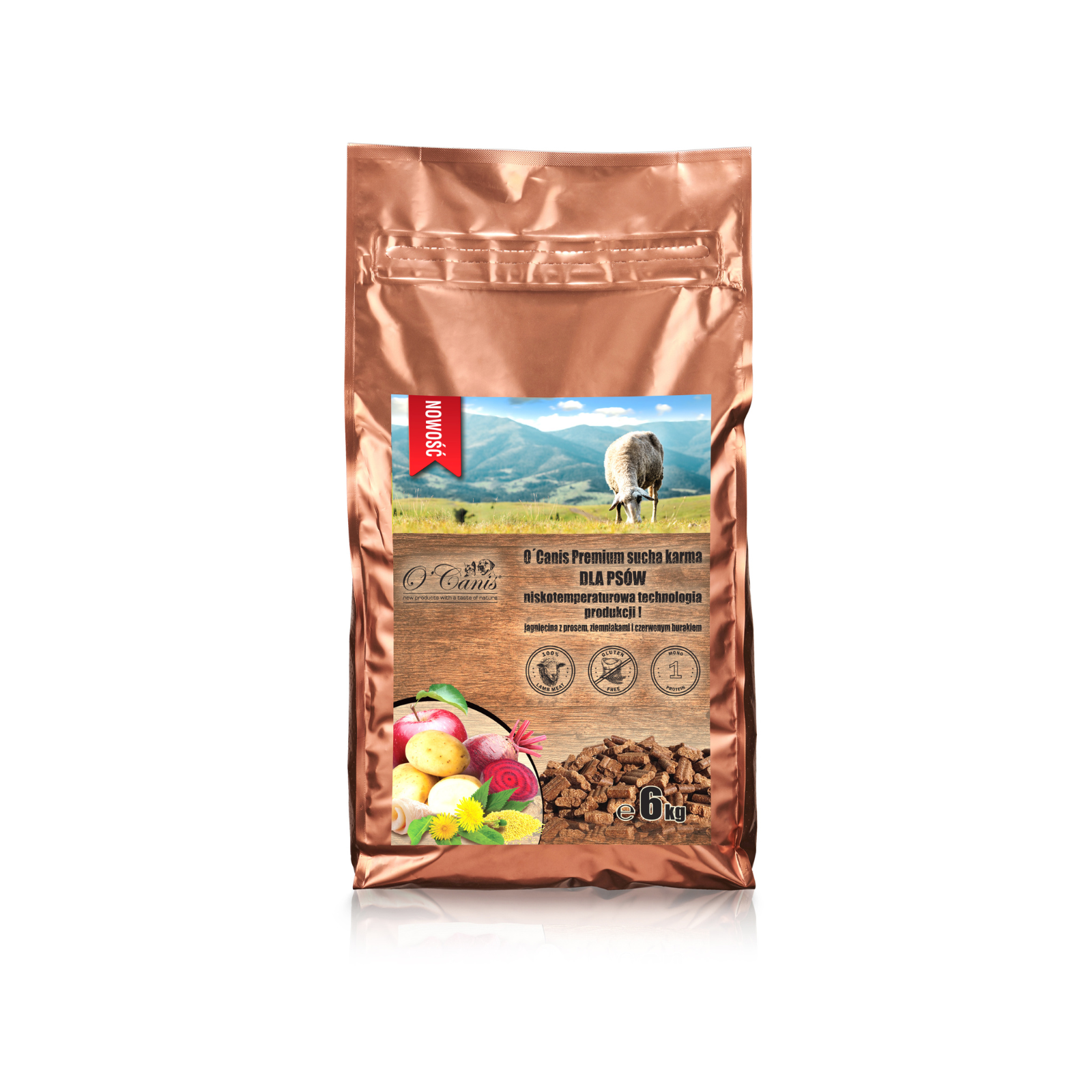 NOWOŚĆ: O'Canis sucha karma premium dla psa z jagnięciny z prosem, kartoflami, czerwonym burakiem oraz  jabłkiem 6kg - alternatywa dla karm pieczonych