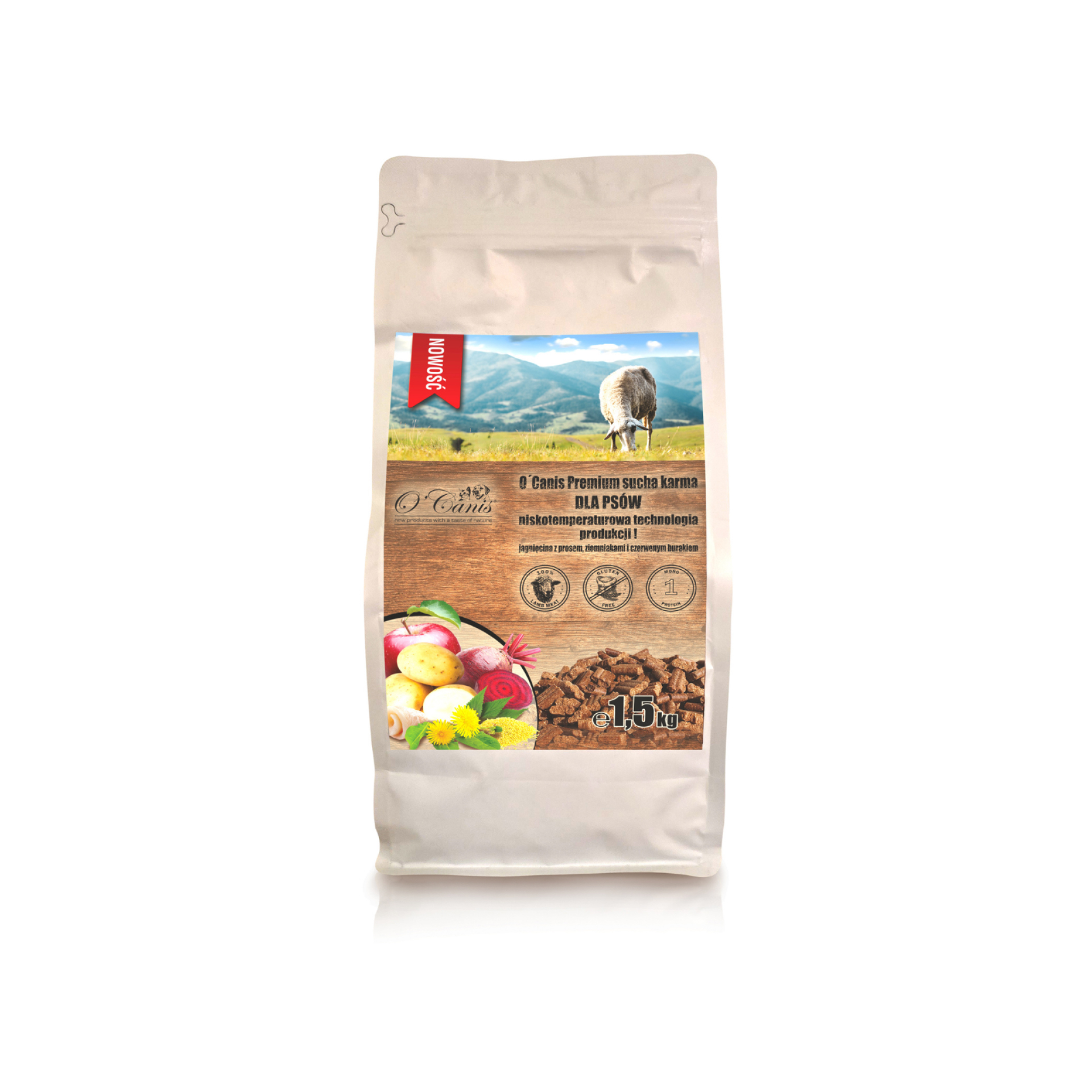 NOWOŚĆ: O'Canis sucha karma premium dla psa z jagnięciny z prosem, kartoflami, czerwonym burakiem oraz  jabłkiem 1,5kg - alternatywa dla karm pieczonych