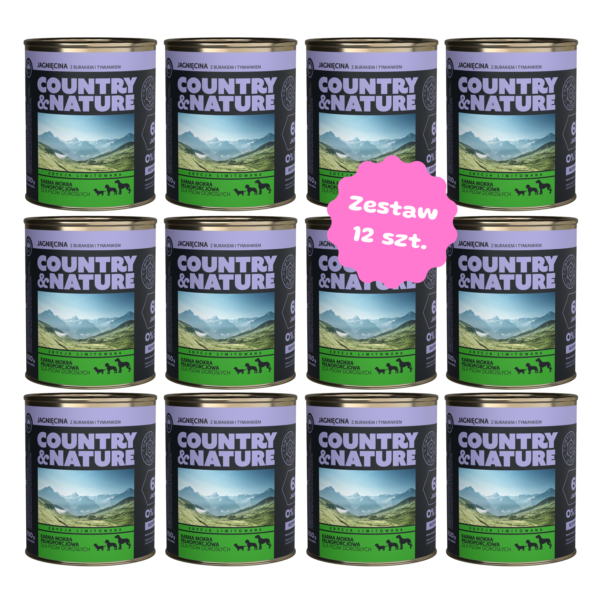 Zestaw 12 szt. puszek karmy mokrej - COUNTRY&NATURE Bezzbożowa jagnięcina z burakiem i tymiankiem - 12 szt. puszka 850g