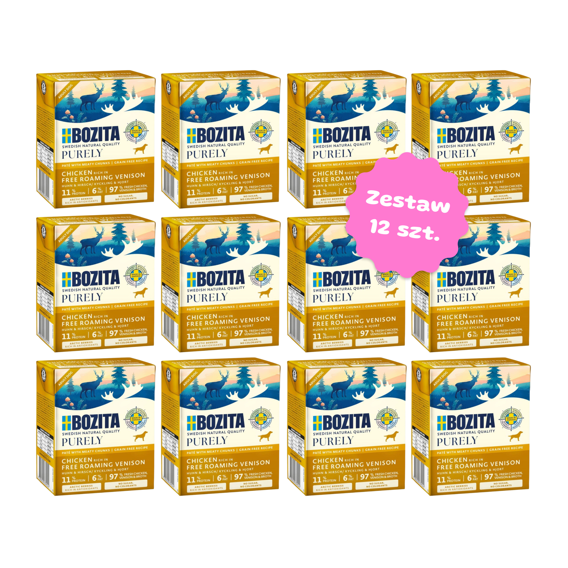 Zestaw 12 szt. kartoników karmy mokrej - BOZITA Purely Paté pasztecik dla psa z kurczakiem i dziczyzną - 12 szt. kartonik 370g