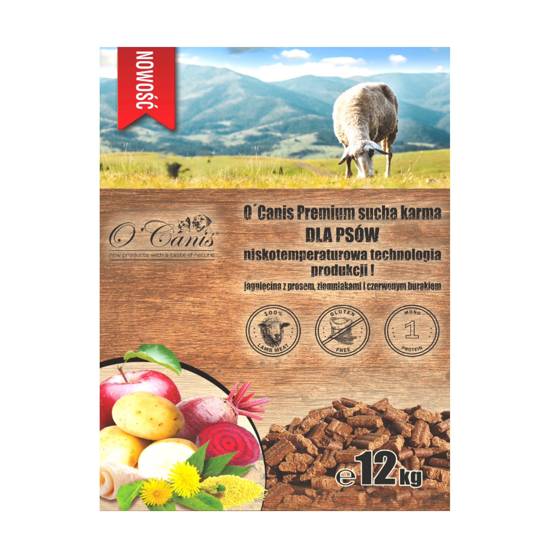 NOWOŚĆ: O'Canis sucha karma premium dla psa z jagnięciny z prosem, kartoflami, czerwonym burakiem oraz  jabłkiem 1,5kg - alternatywa dla karm pieczonych