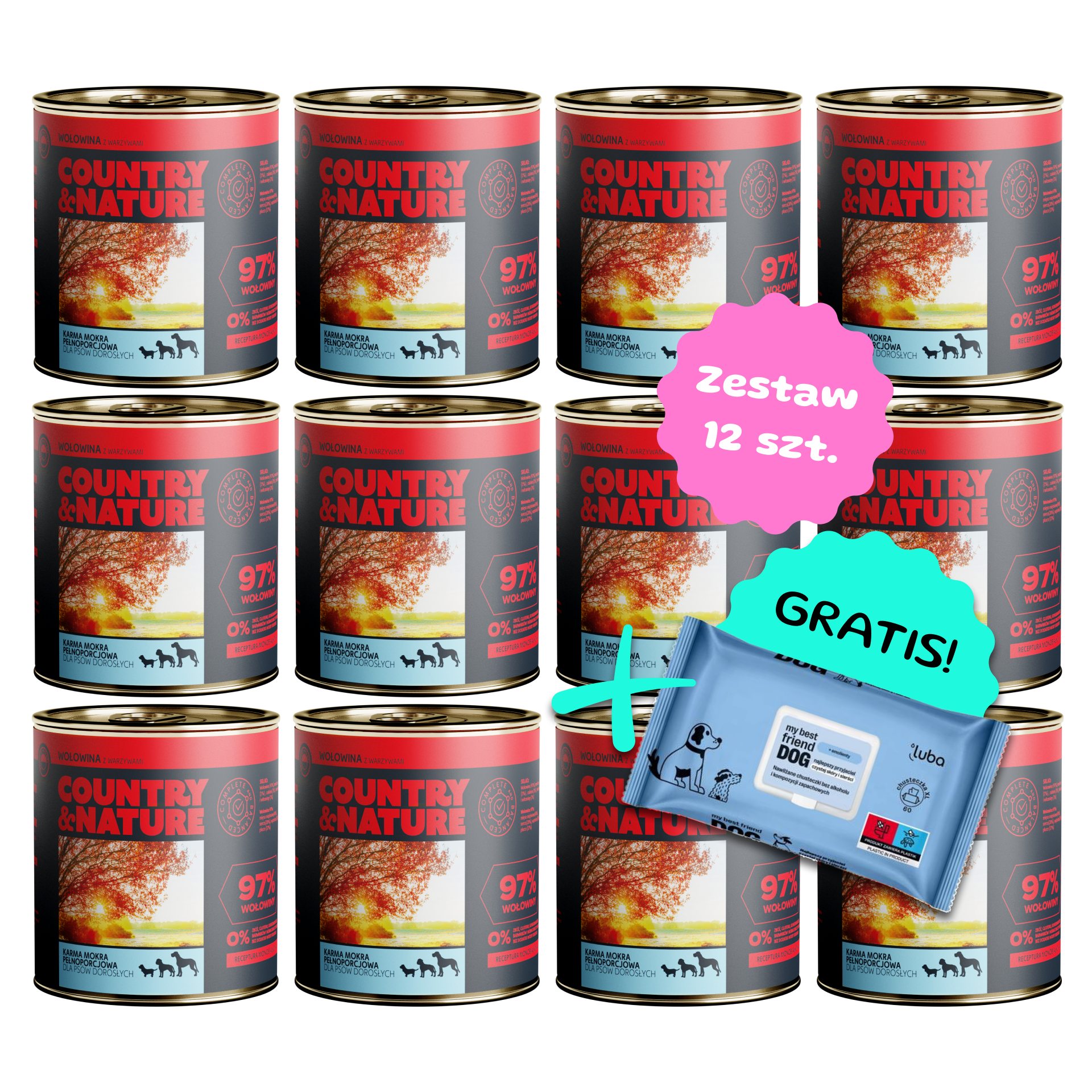Zestaw 12 szt. puszek karmy mokrej - COUNTRY&NATURE wołowina z warzywami - 12 szt. puszka 850g + Chusteczki GRATIS!