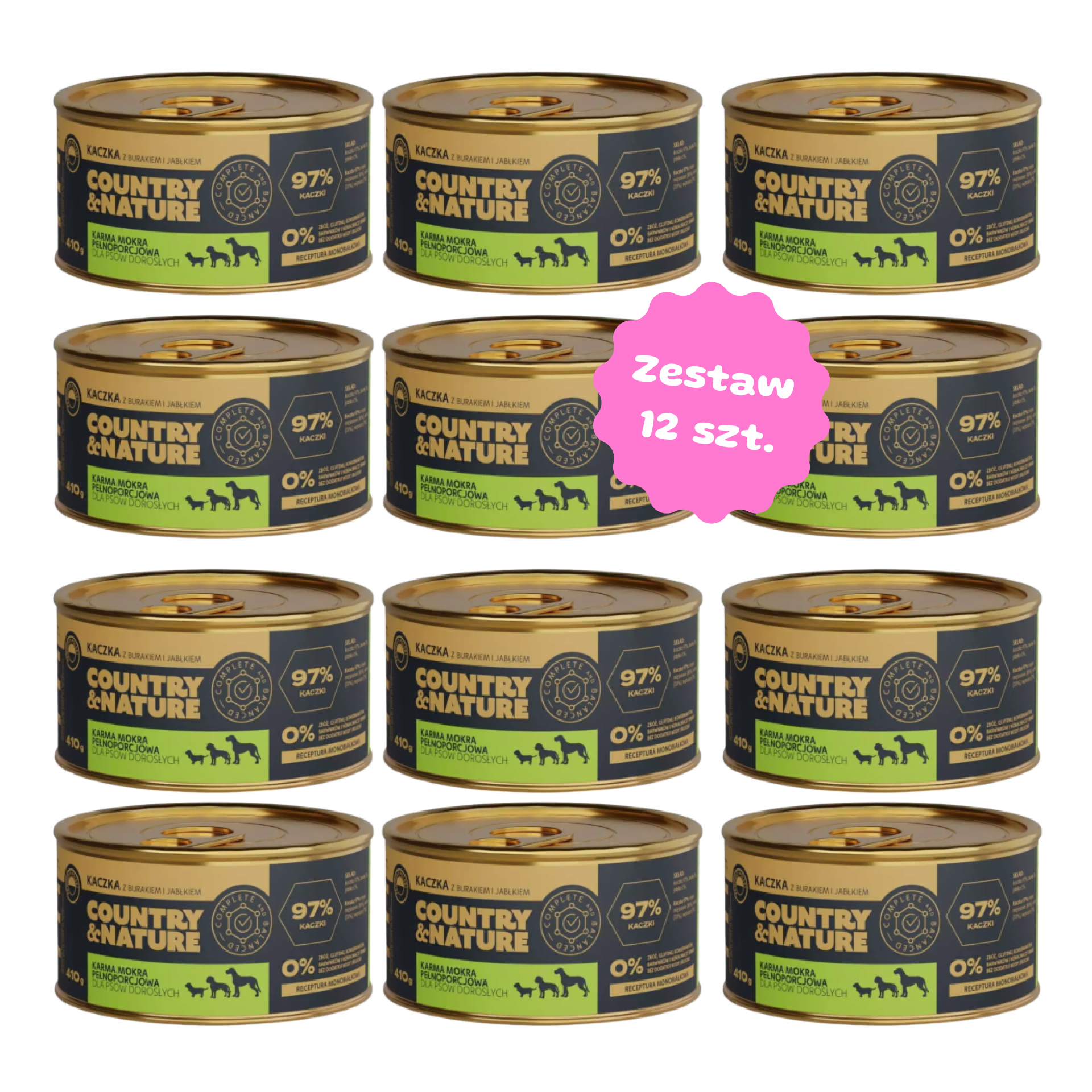 Zestaw 12 szt. puszek karmy mokrej - COUNTRY&NATURE kaczka z jabłkiem i burakiem - 12 szt. puszka 410g