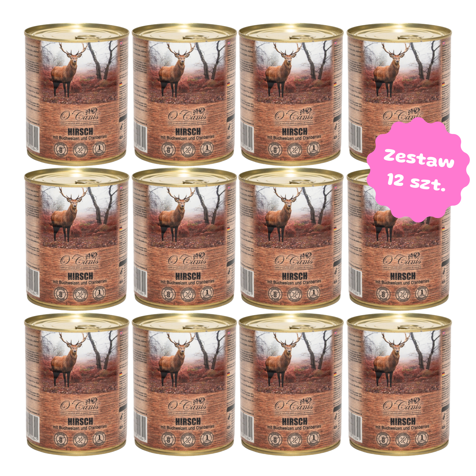 Zestaw 12 szt. puszek karmy mokrej monobiałkowej - O'Canis jeleń z kaszą gryczaną - 12 szt. puszka 800g