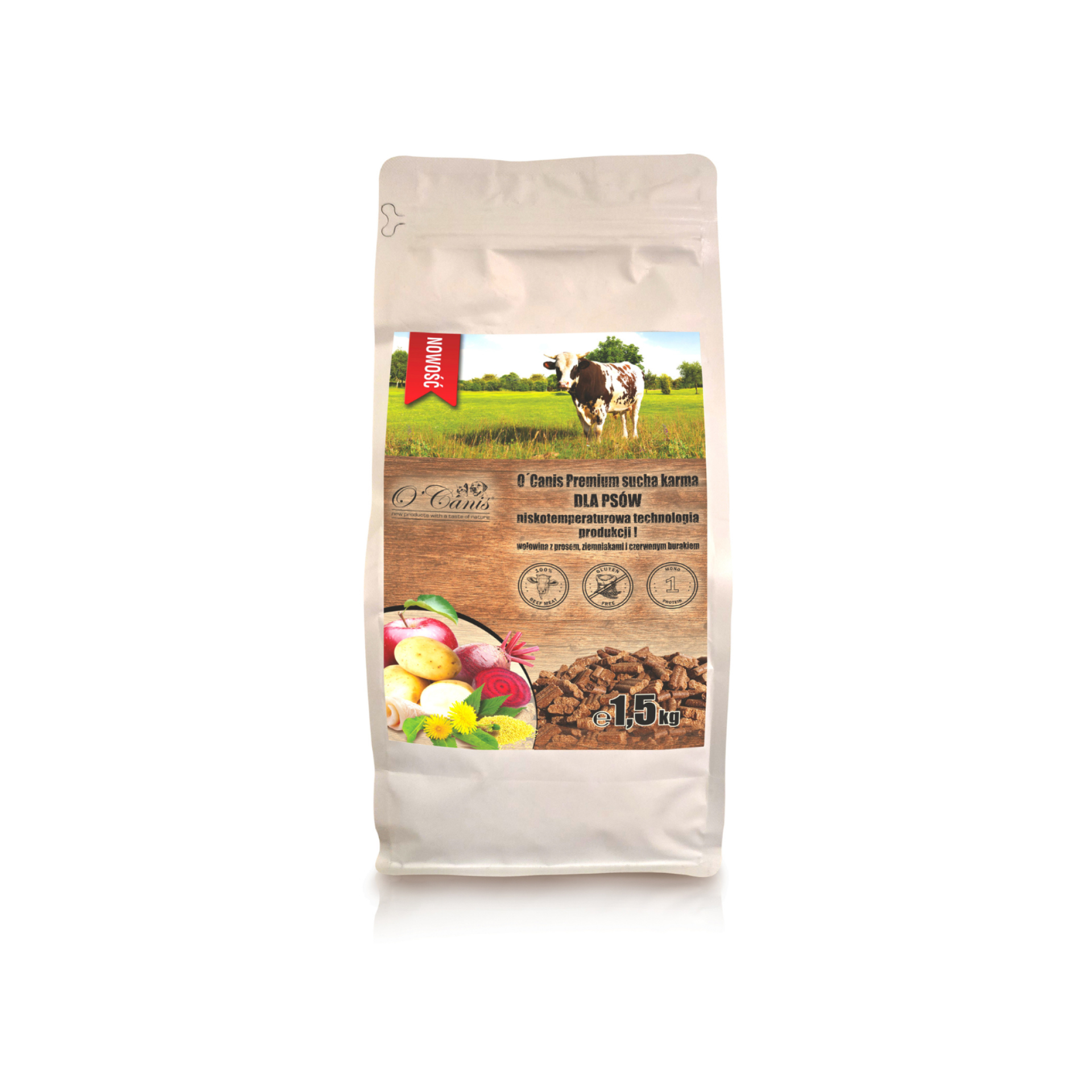 NOWOŚĆ: O'Canis sucha karma Premium dla psa z wołowiną, prosem, kartoflami i czerwonym burakiem, 1,5kg - alternatywa dla karm pieczonych