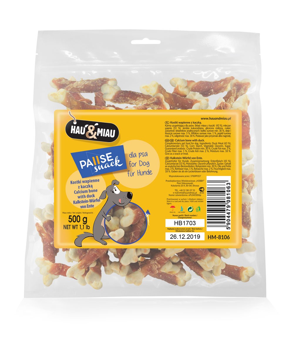 Hau&Miau kostki wapienne z mięsem kaczki przysmak dla psa 500g