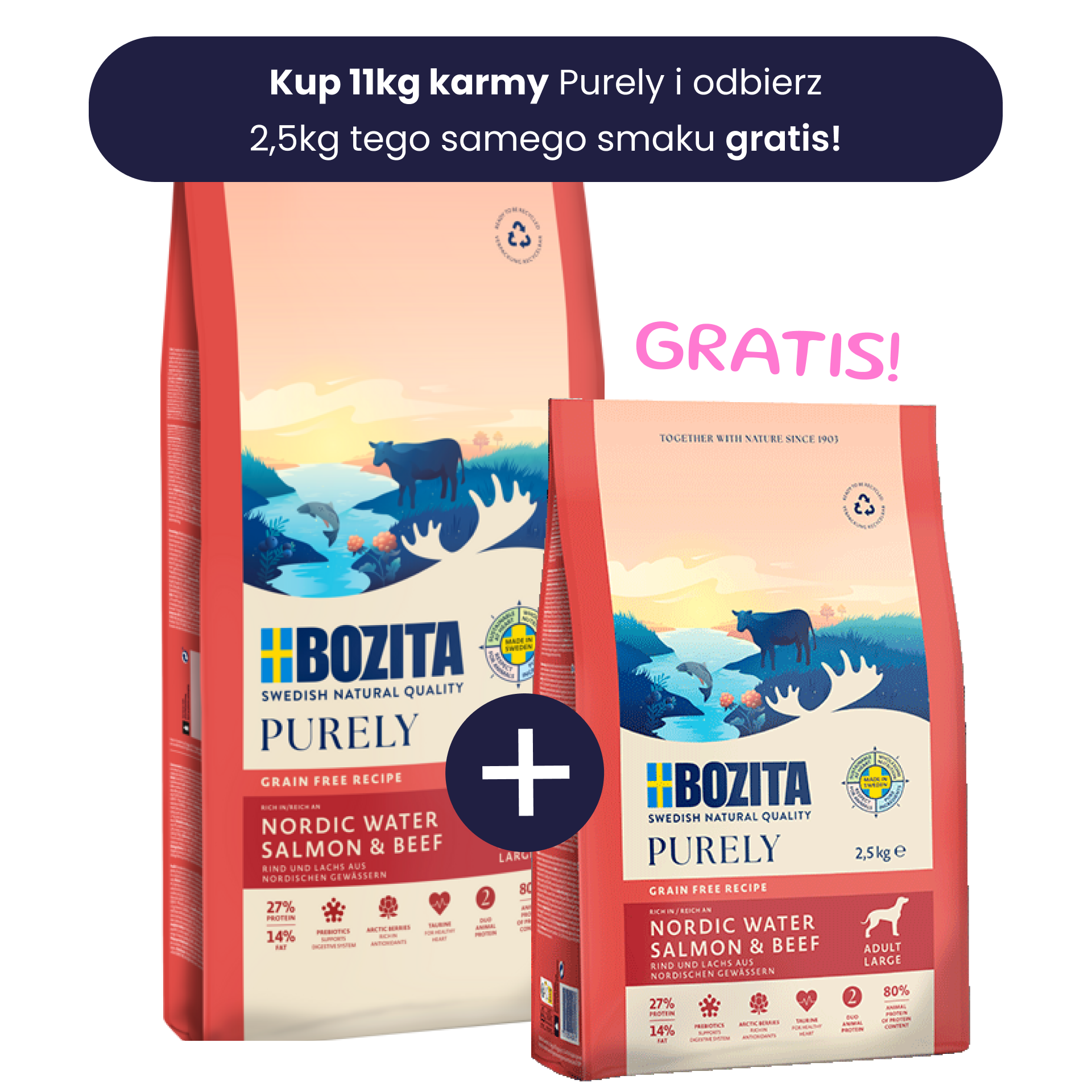 Bozita Purely Adult Large bezzbożowa karma z łososiem i wołowiną 11kg 