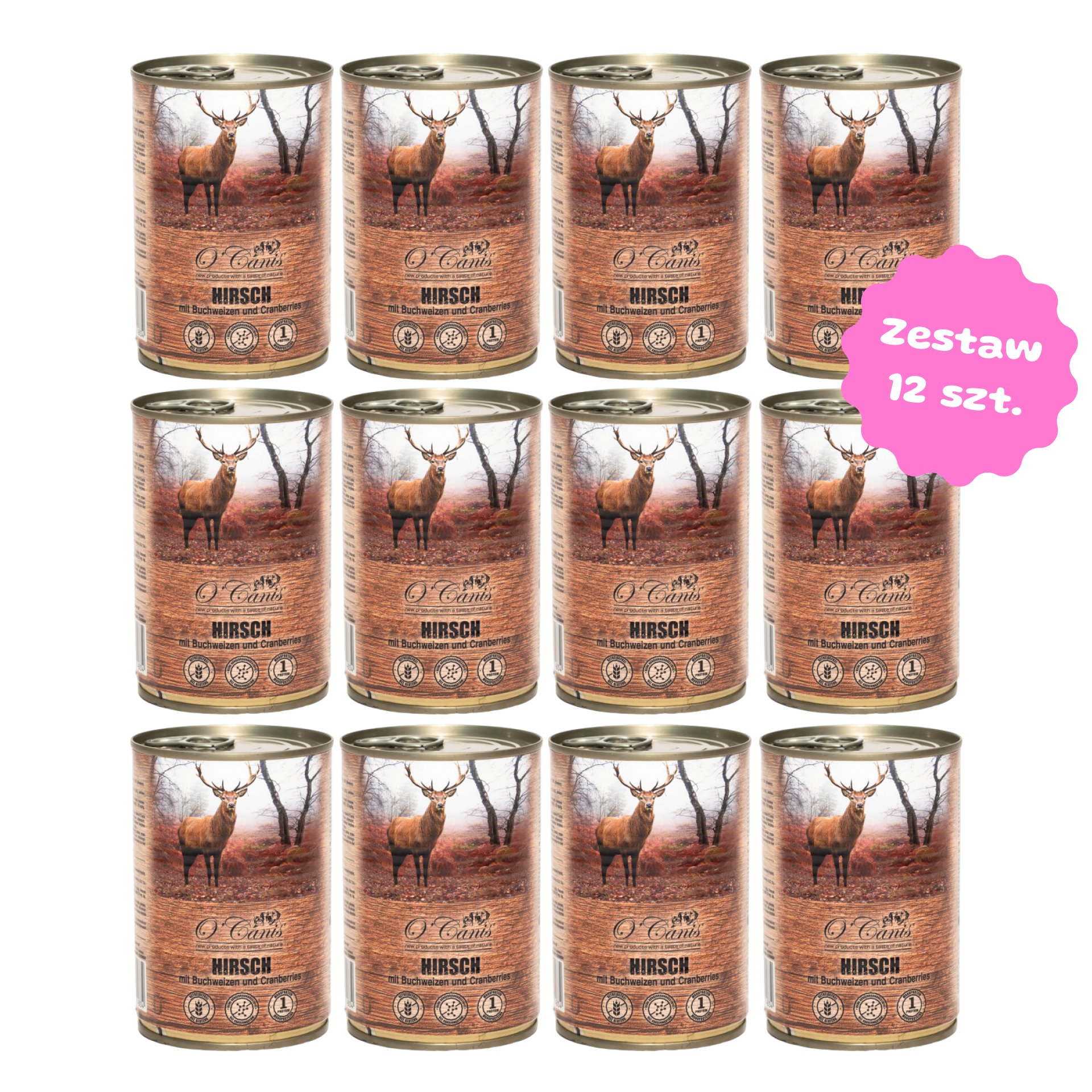 Zestaw 12 szt. puszek karmy mokrej monobiałkowej - O'Canis jeleń z kaszą gryczaną - 12 szt. puszka 400g