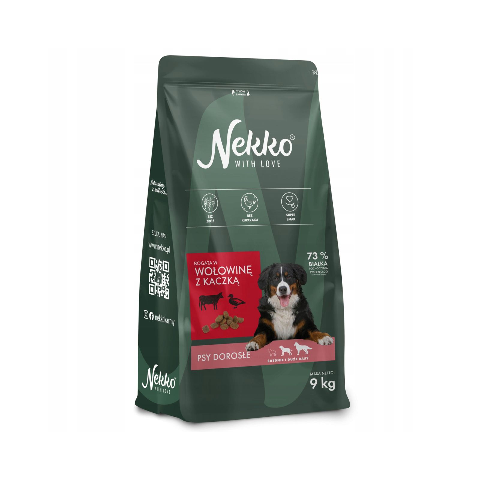 NEKKO Bezzbożowa karma sucha wołowina z kaczką dla psów dorosłych średnich i dużych ras 9kg + 2kg GRATIS!