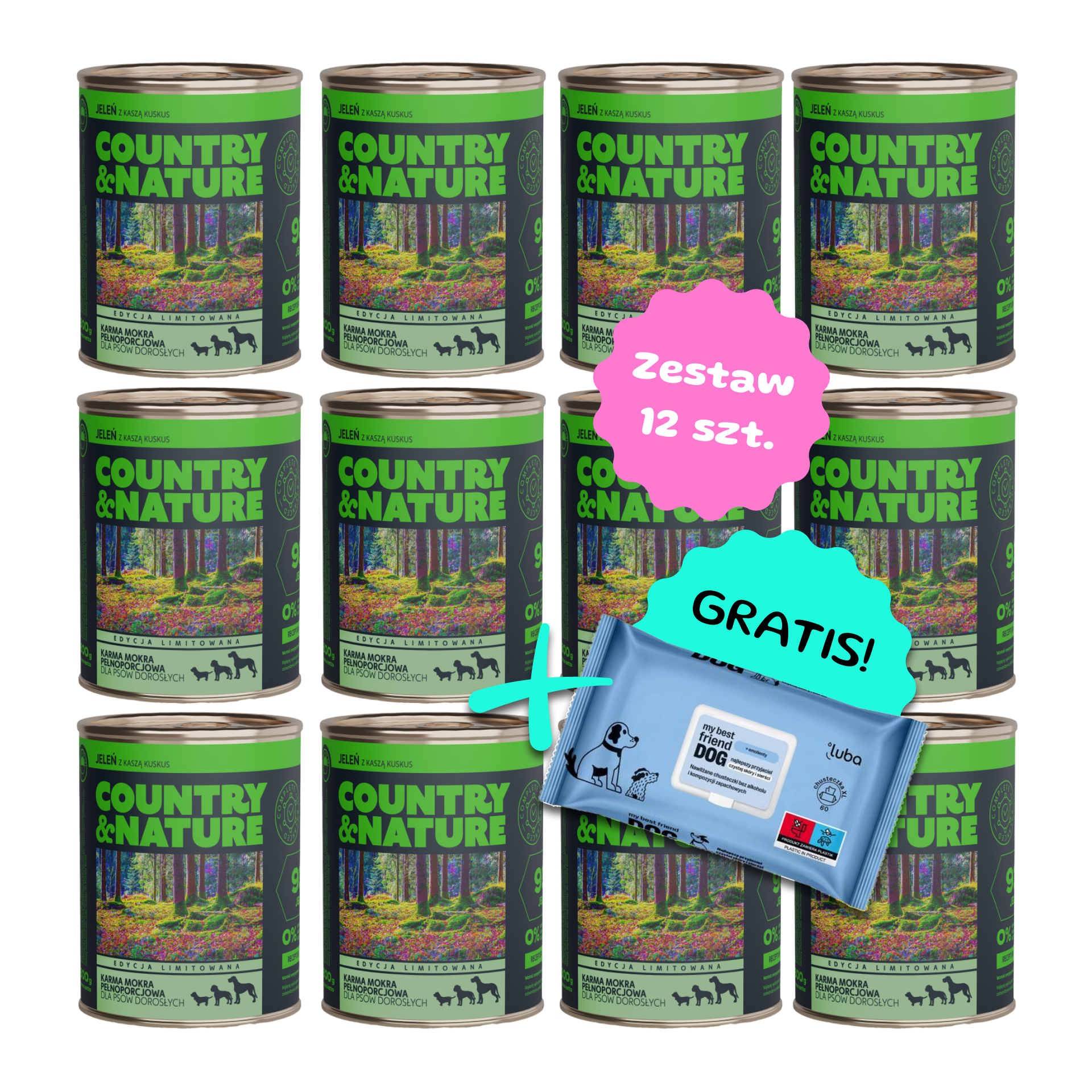 Zestaw 12 szt. puszek karmy mokrej - COUNTRY&NATURE Jeleń z jabłkiem i kaszą kuskus - 12 szt. puszka 850g + Chusteczki GRATIS!