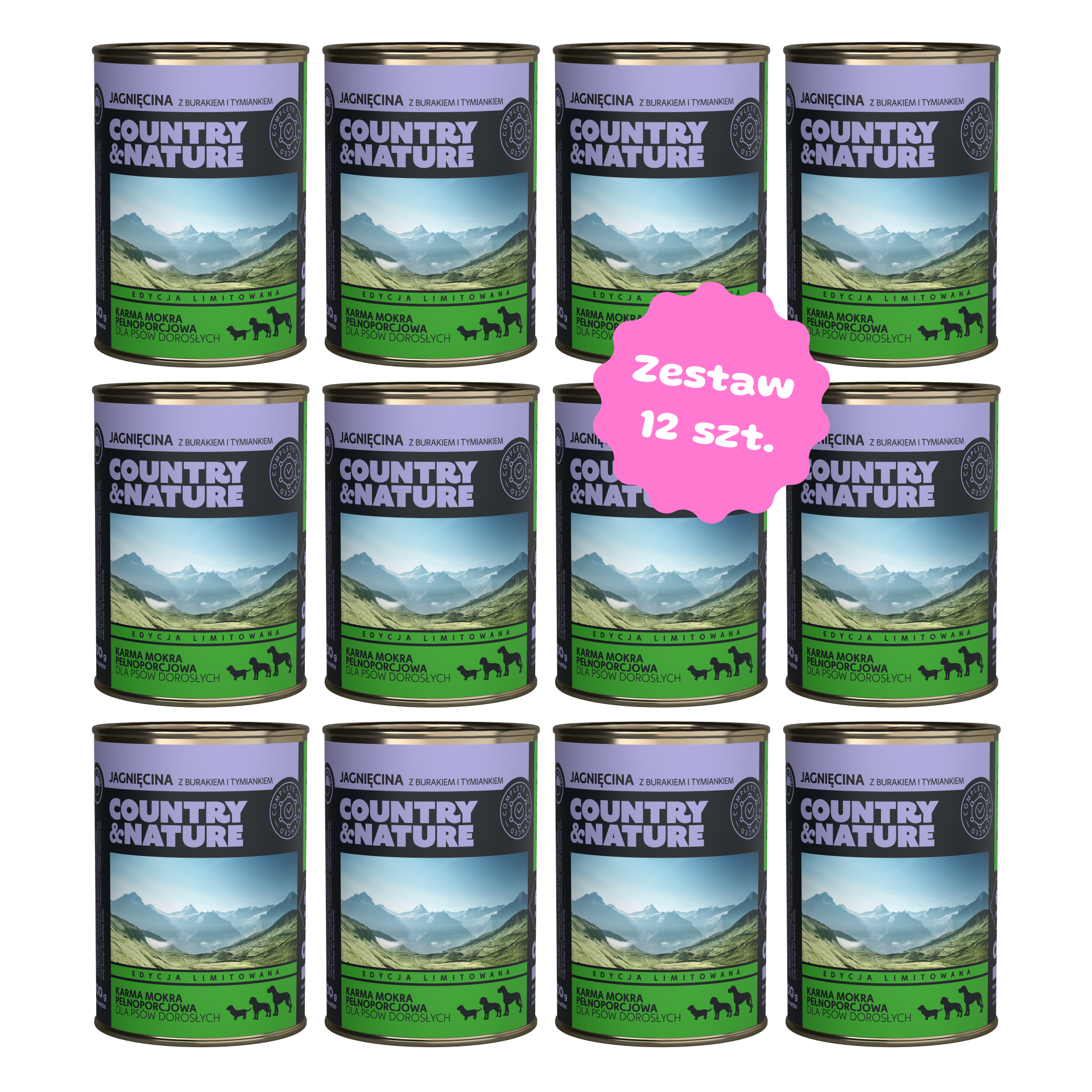 Zestaw 12 szt. puszek karmy mokrej - COUNTRY&NATURE Bezzbożowa jagnięcina z burakiem i tymiankiem - 12 szt. puszka 400g