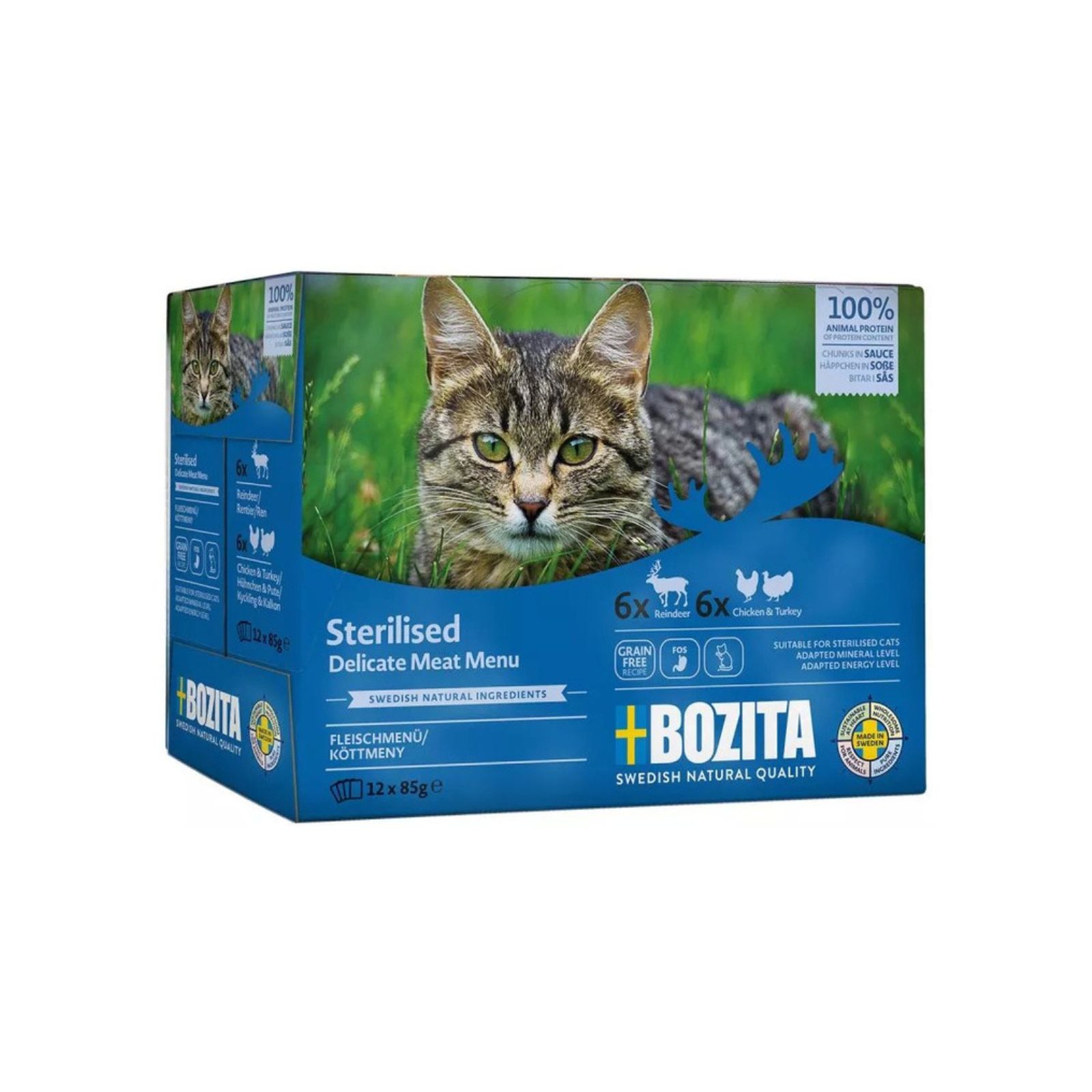 BOZITA Sterilised Zestaw 12 saszetek: mięsne kawałki w sosie dla kotów po sterylizacji 12x85g saszetka + drugie opakowanie 12x85g GRATIS!