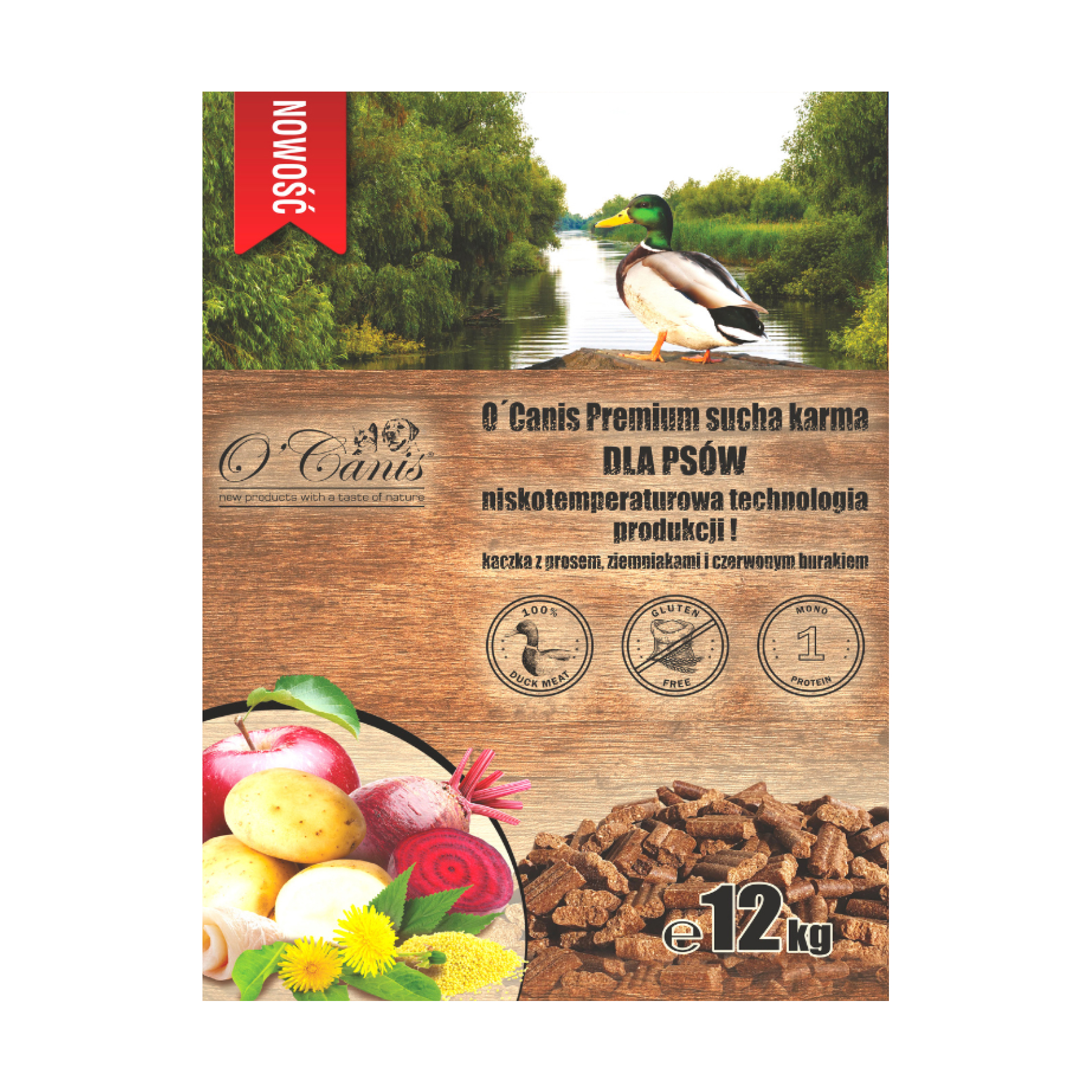 NOWOŚĆ: O'Canis sucha karma premium dla psa z mięsem kaczki oraz prosem, ziemniakami i czerwonym burakiem  1,5kg - alternatywa dla karm pieczonych
