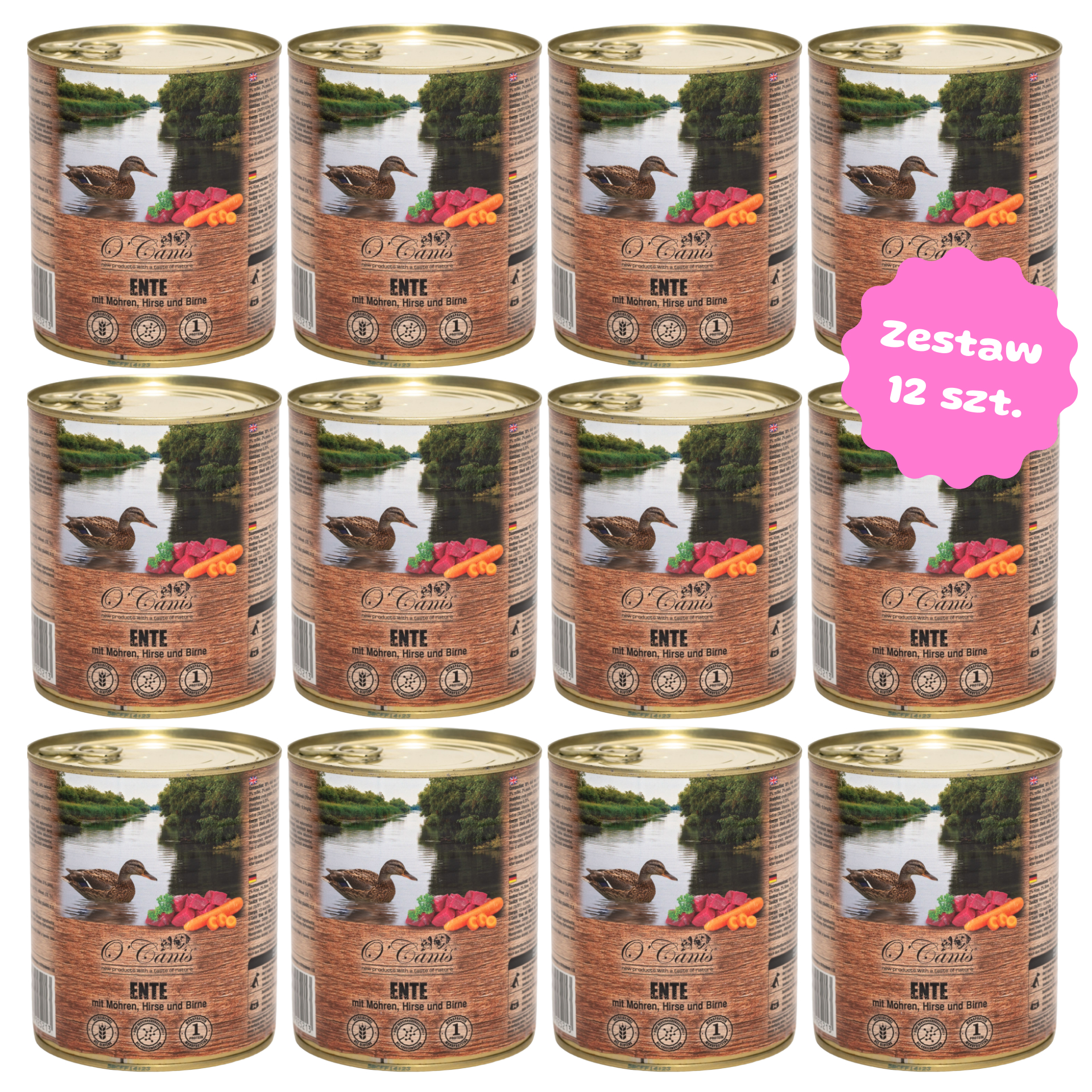 Zestaw 12 szt. puszek karmy mokrej monobiałkowej - O'Canis kaczka z marchewką, prosem i gruszką - 12 szt. puszka 800g 
