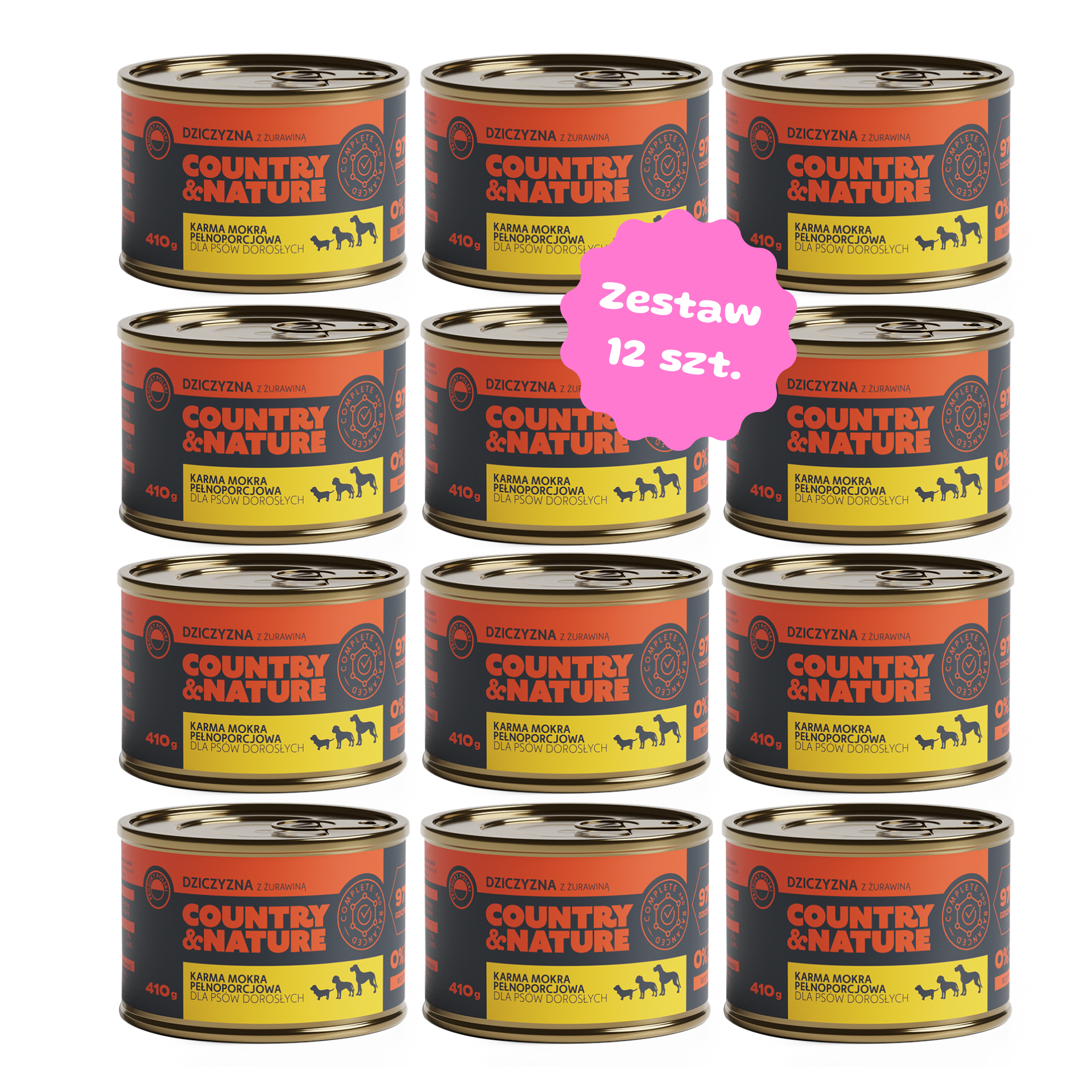 Zestaw 12 szt. puszek karmy mokrej - COUNTRY&NATURE Bezzbożowa dziczyzna z żurawiną - 12 szt. puszka 410g