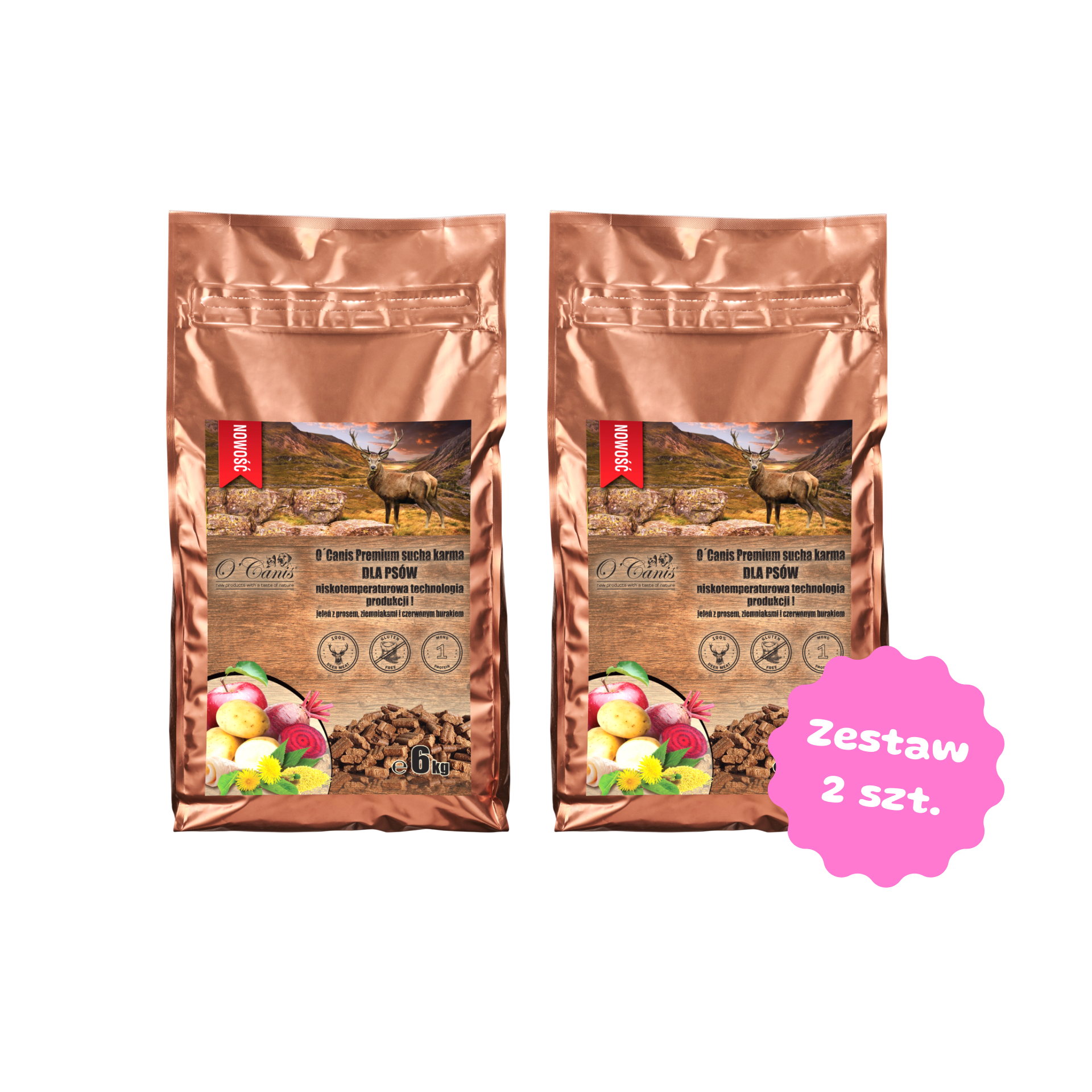 Zestaw 2 karm 6kg - O'Canis sucha karma premium dla psa z jeleniem, prosem, czerwonym burakiem i jabłkiem - 2 szt worek 6kg