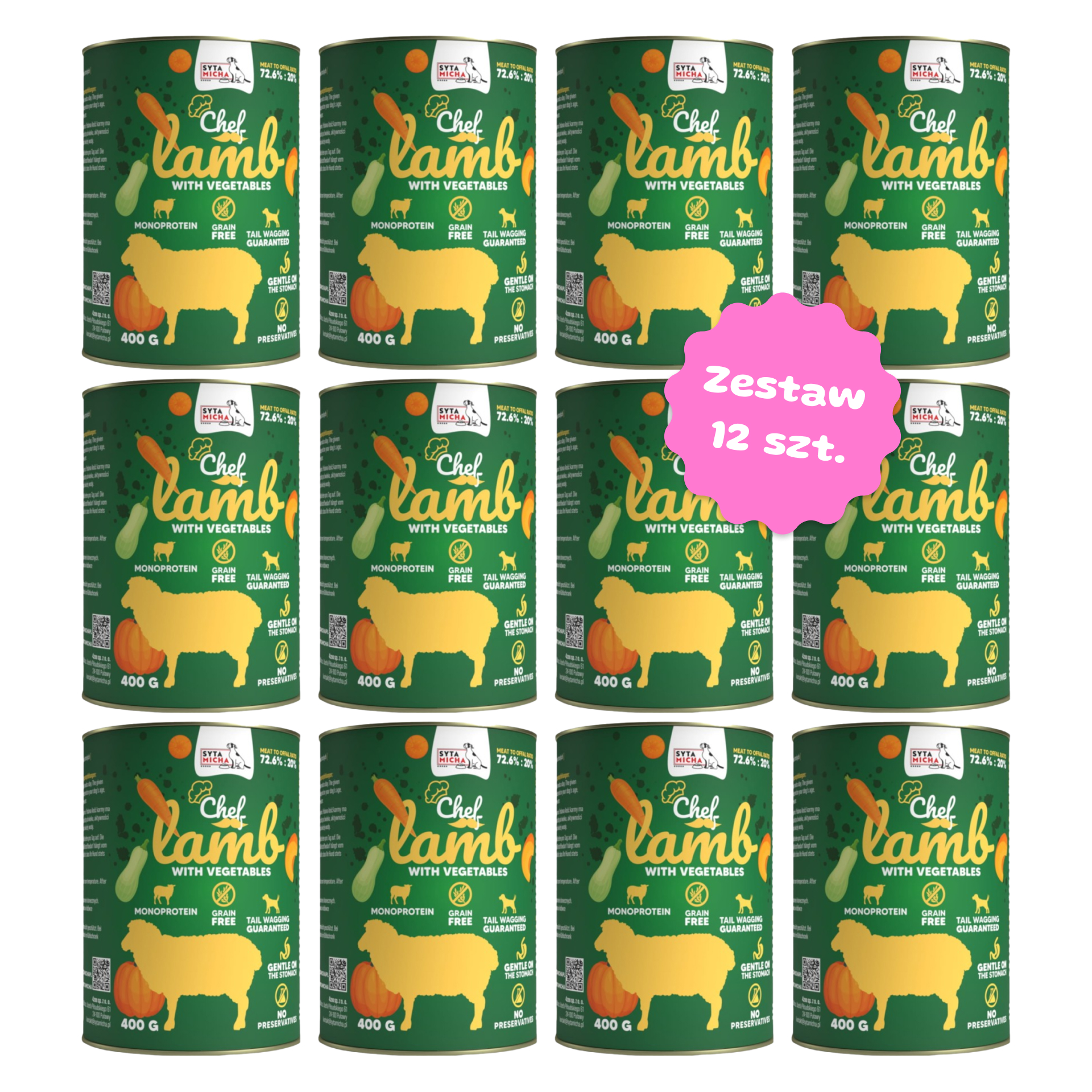 Zestaw 12 szt. puszek karmy mokrej monobiałkowej - Syta Micha CHEF Jagnięcina - 12 szt. puszka 400g