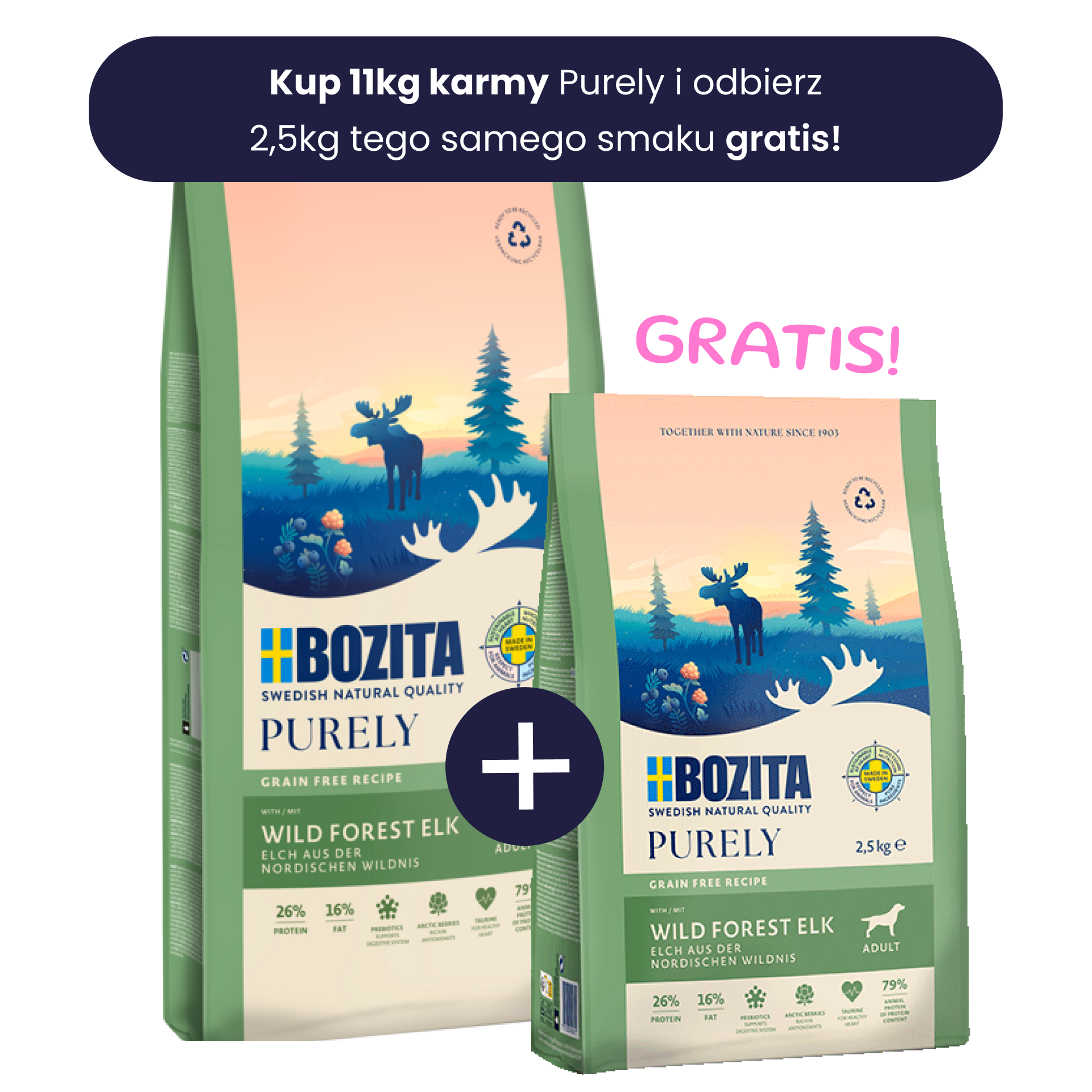 Bozita Purely Adult bezzbożowa karma z łosiem i kurczakiem 11kg 