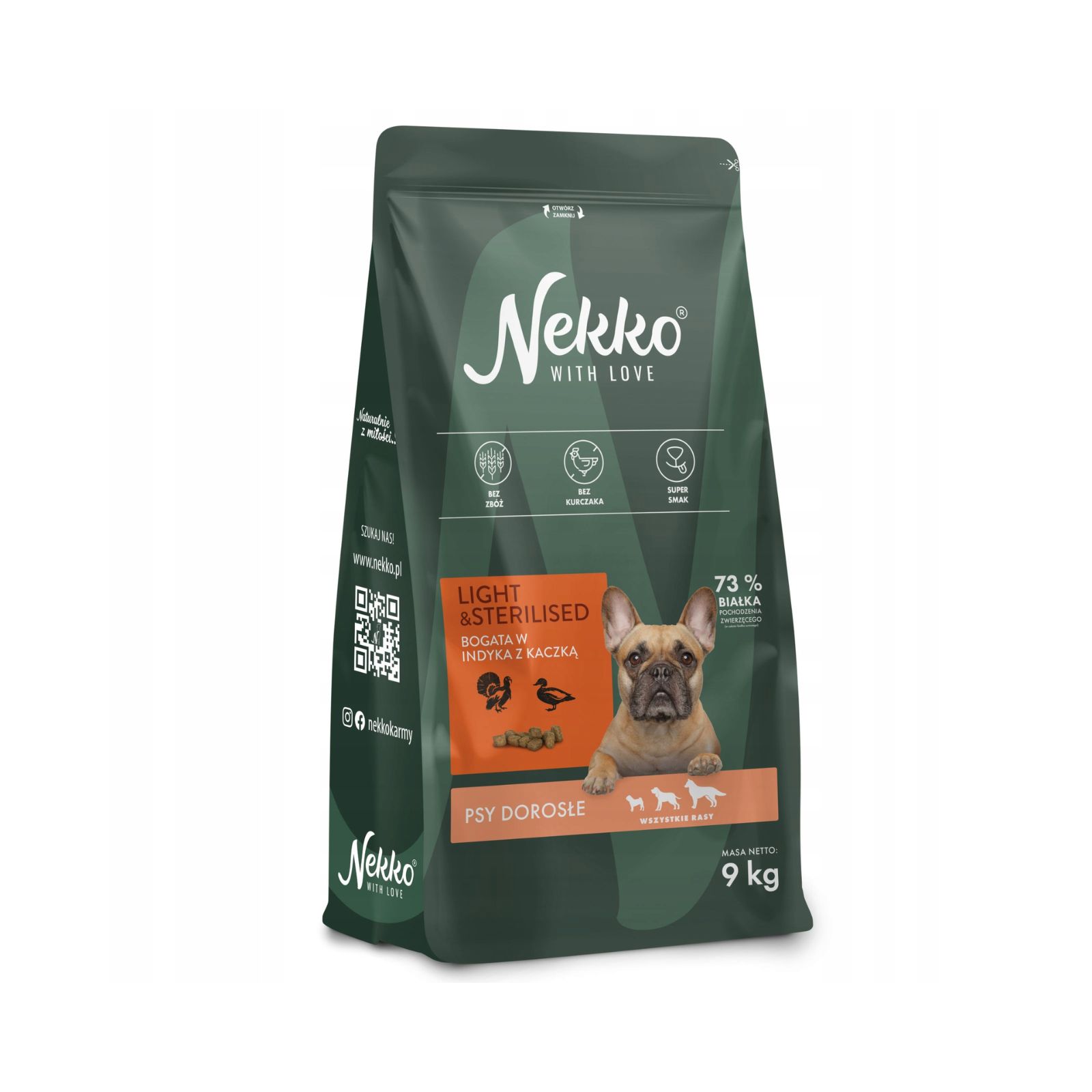 NEKKO Light&Sterilised Bezzbożowa karma sucha indyk z kaczką dla psów dorosłych wszystkich ras 9kg + 2kg GRATIS!