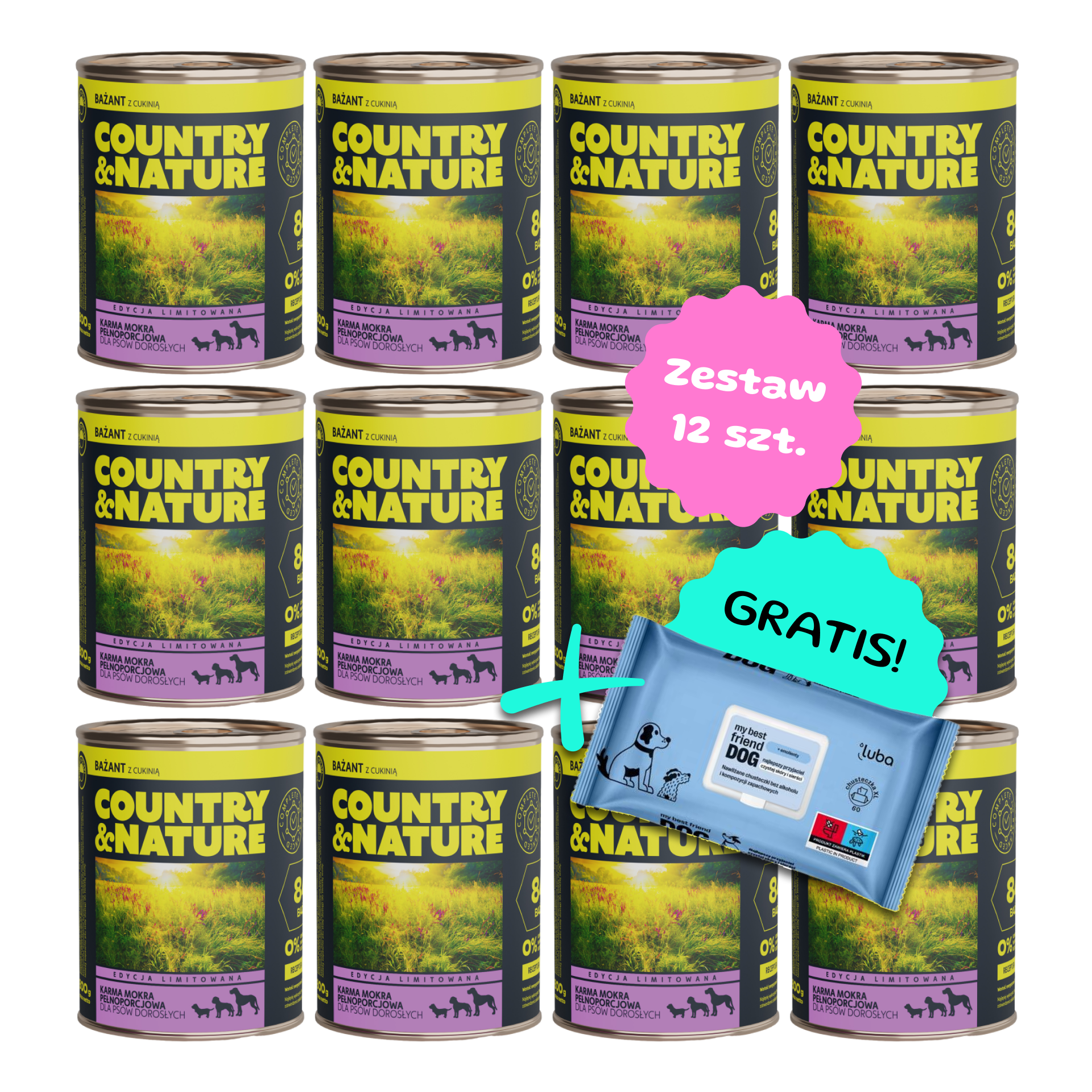 Zestaw 12 szt. puszek karmy mokrej - COUNTRY&NATURE Bażant z Gruszką i Bakłażanem - 12 szt. puszka 850g + Chusteczki GRATIS!