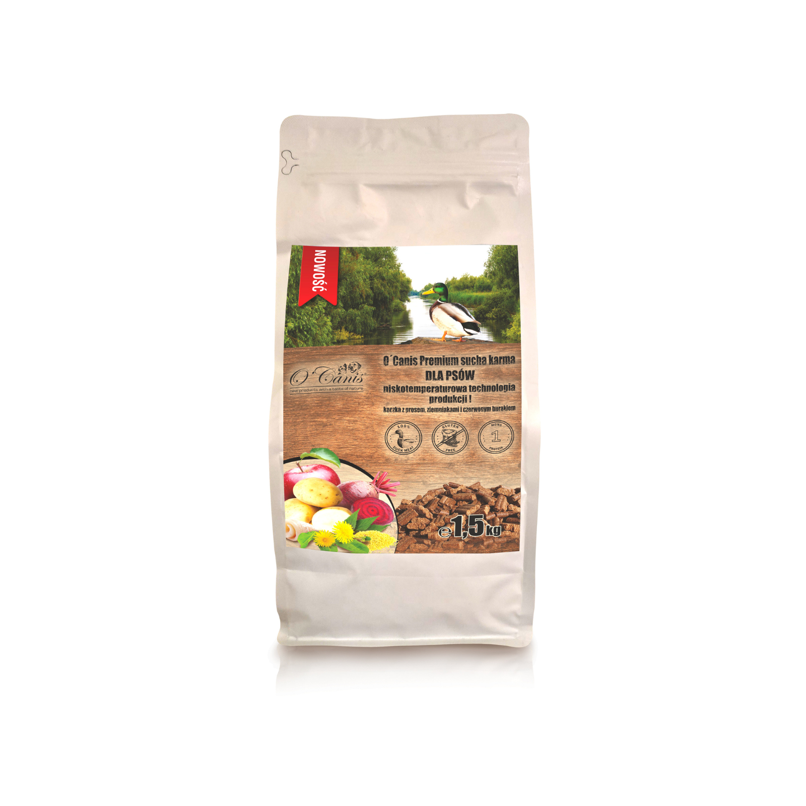 NOWOŚĆ: O'Canis sucha karma premium dla psa z mięsem kaczki oraz prosem, ziemniakami i czerwonym burakiem  1,5kg - alternatywa dla karm pieczonych