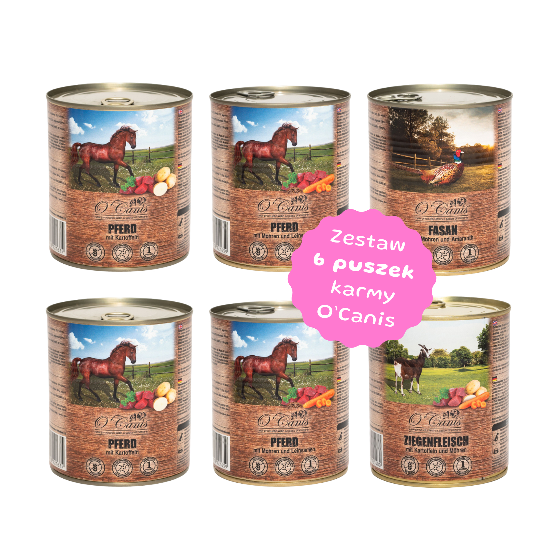 Zestaw 6 karm niskotłuszczowych O'Canis - 2x konina z ziemniakami, 2x konina z warzywami, koza, bażant - 6 szt puszka 800g 