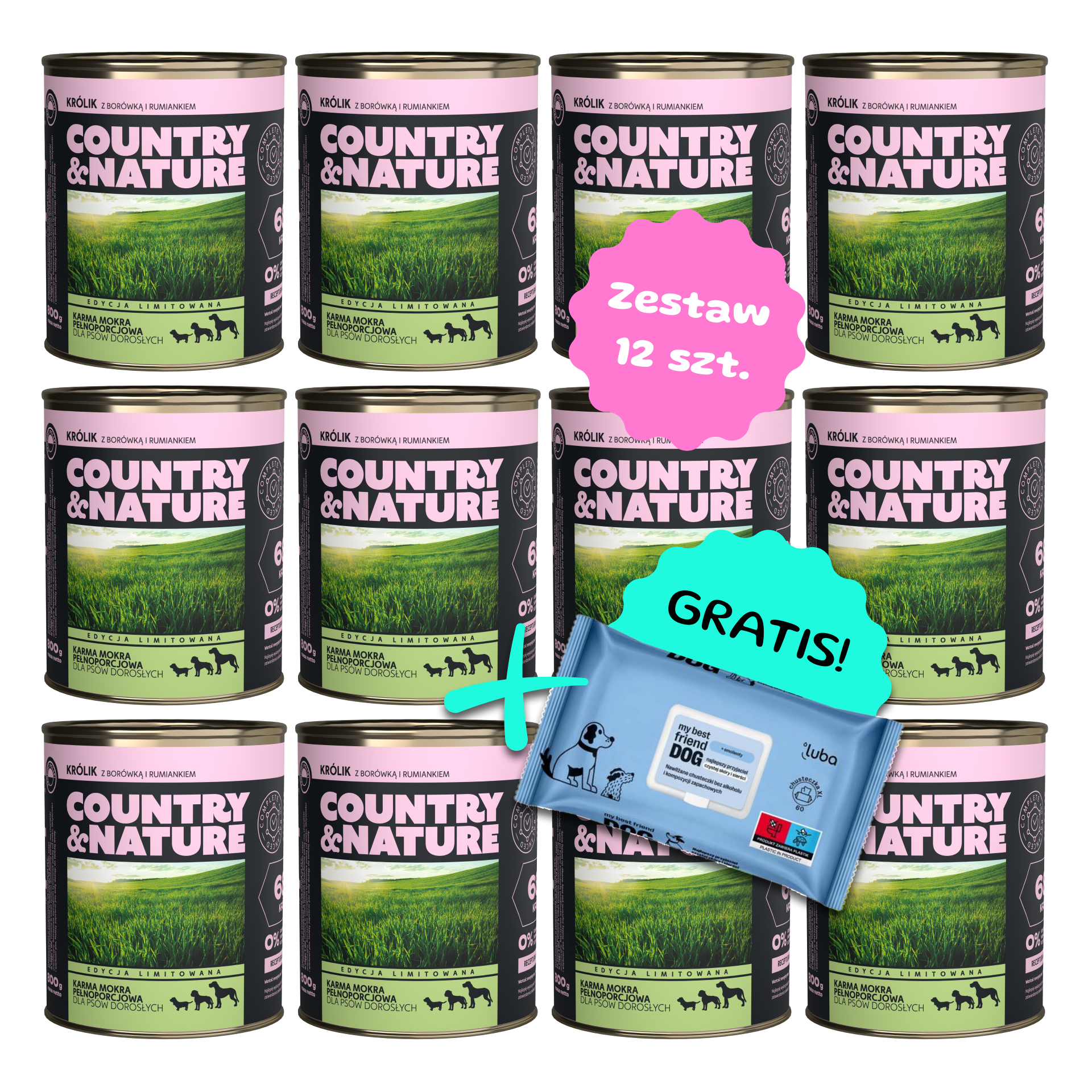 Zestaw 12 szt. puszek karmy mokrej - COUNTRY&NATURE Bezzbożowy królik - 12 szt. puszka 850g + Chusteczki GRATIS!