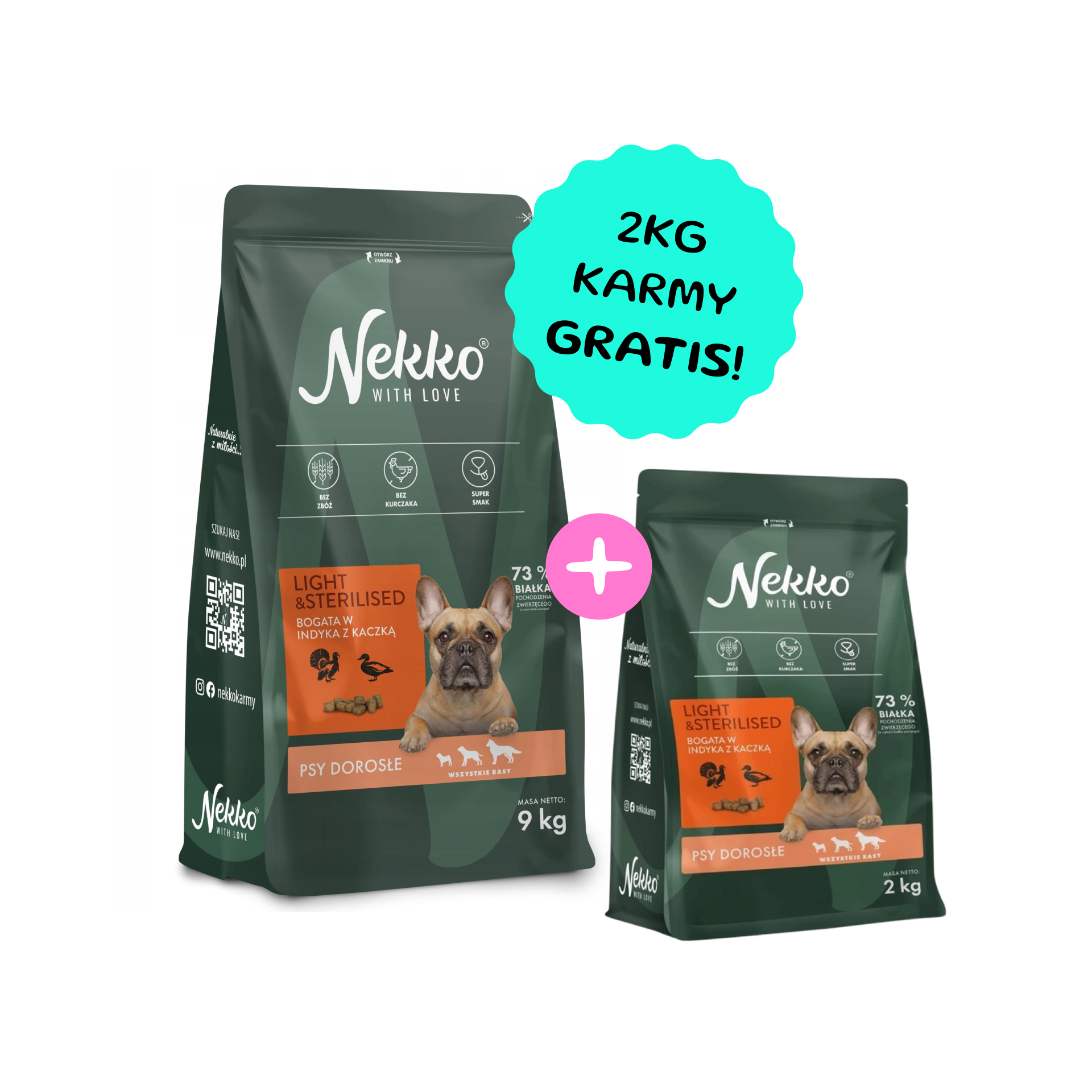 NEKKO Light&Sterilised Bezzbożowa karma sucha indyk z kaczką dla psów dorosłych wszystkich ras 9kg + 2kg GRATIS!