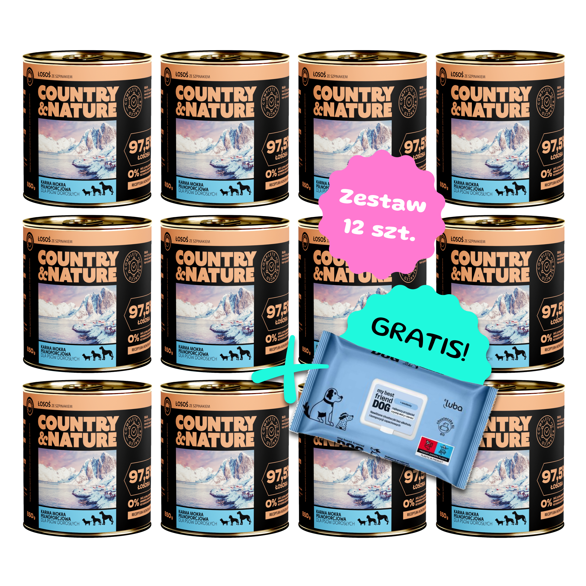 Zestaw 12 szt. puszek karmy mokrej - COUNTRY&NATURE łosoś ze szpinakiem - 12 szt. puszka 850g + Chusteczki GRATIS!